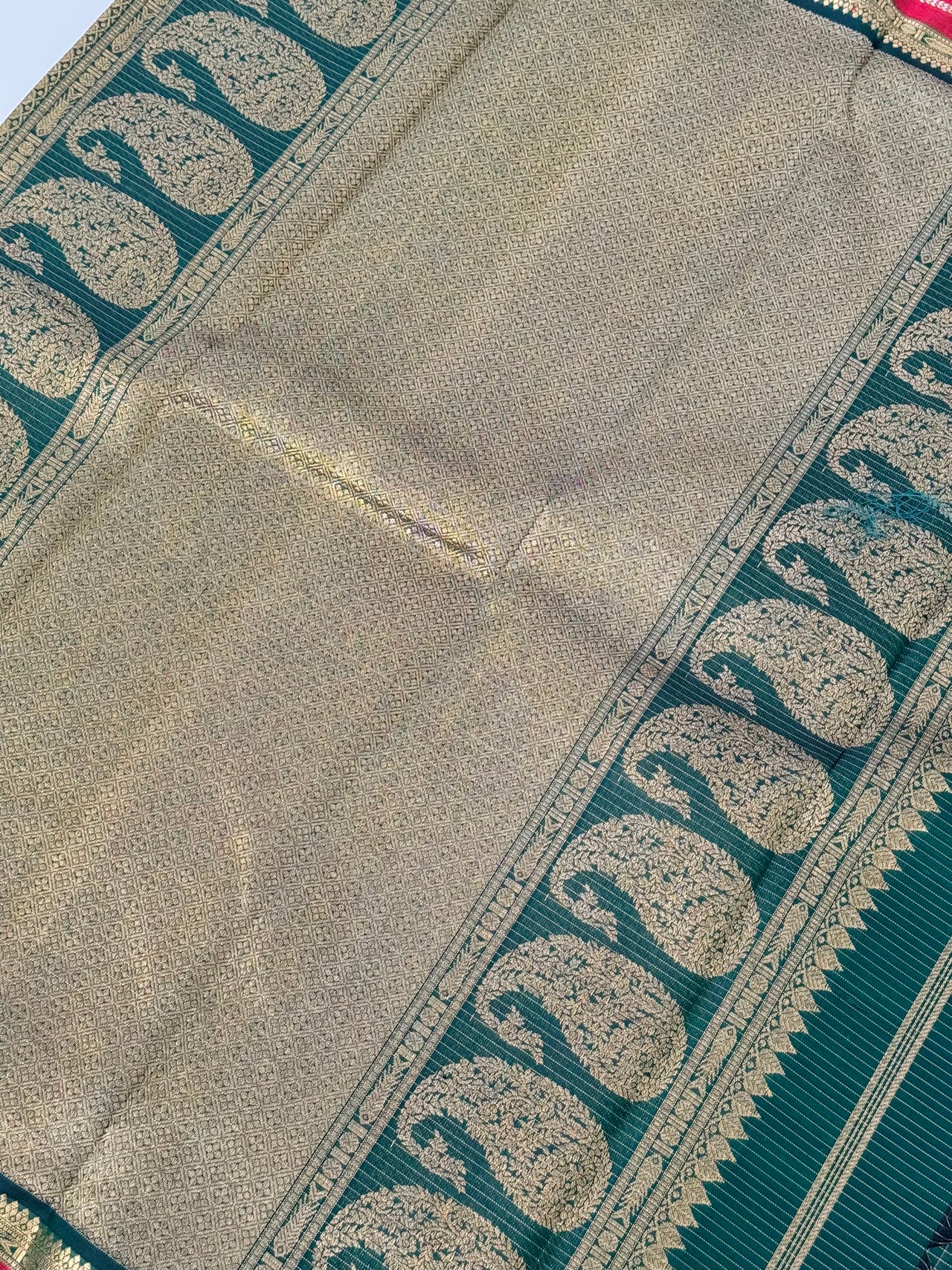 Exclusive Kanchivaram Pure Silk Pure Zari Silk Saree | Deep Green | Check Pattern | Handwoven | Ships from California