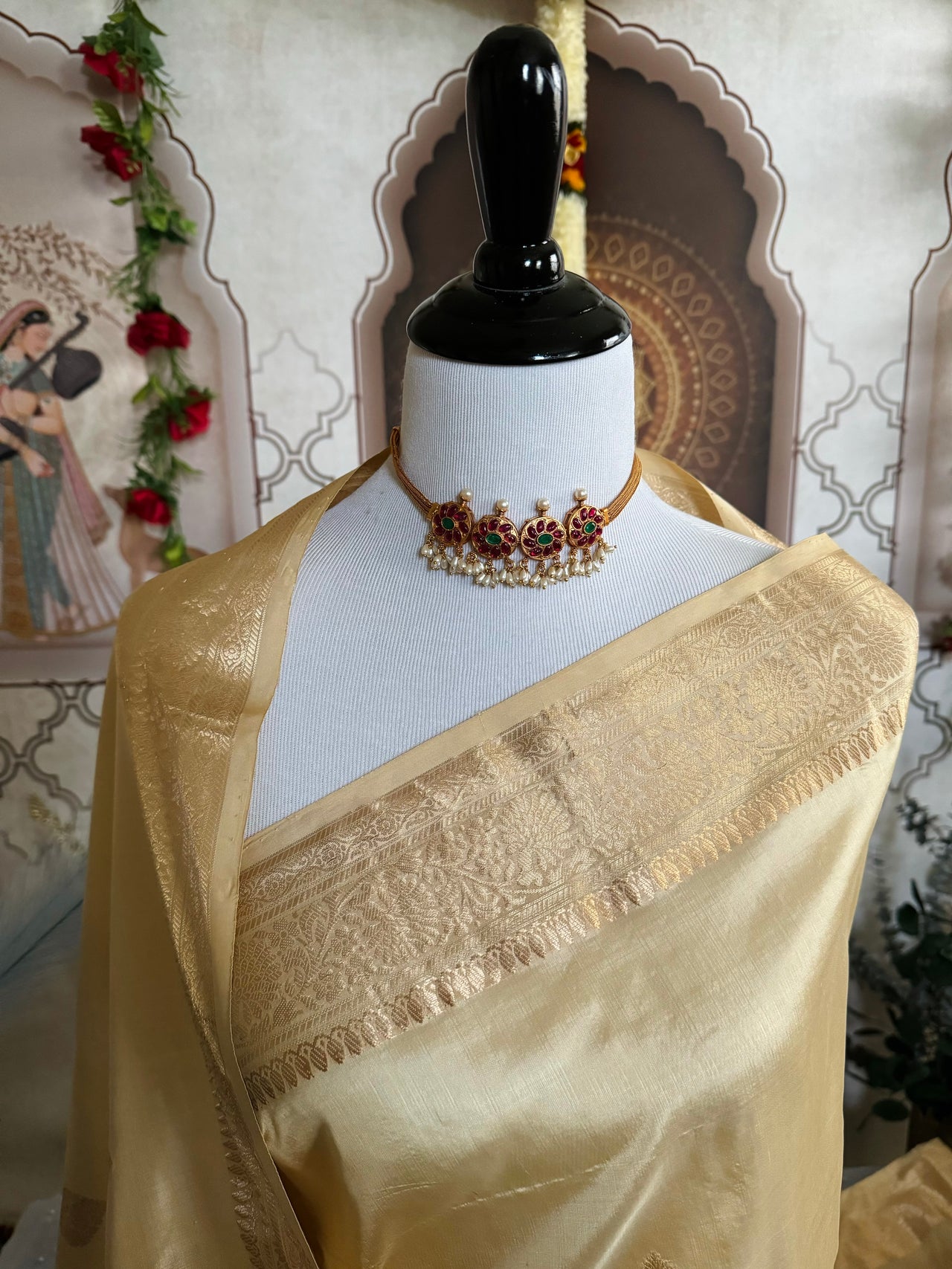 Light weight Katan Silk Saree from Banaras | Light Beige | Gold Zari | Handwoven | Silk Mark Certified | Ships from California