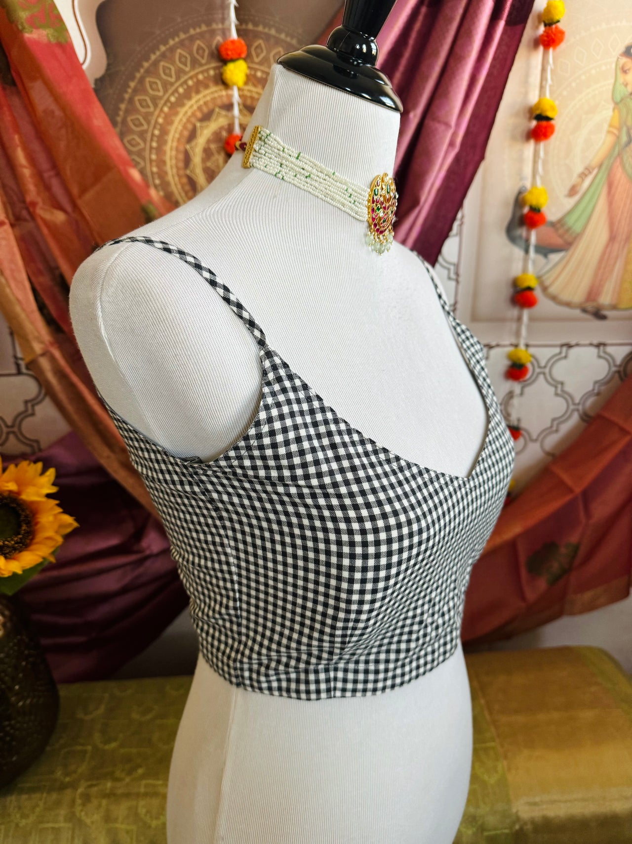 Ready To Wear Saree Blouse | Handwoven Cotton | Size 34 | Black and White Checks | Sphagetti Strap | Free Shipping | Ships from California