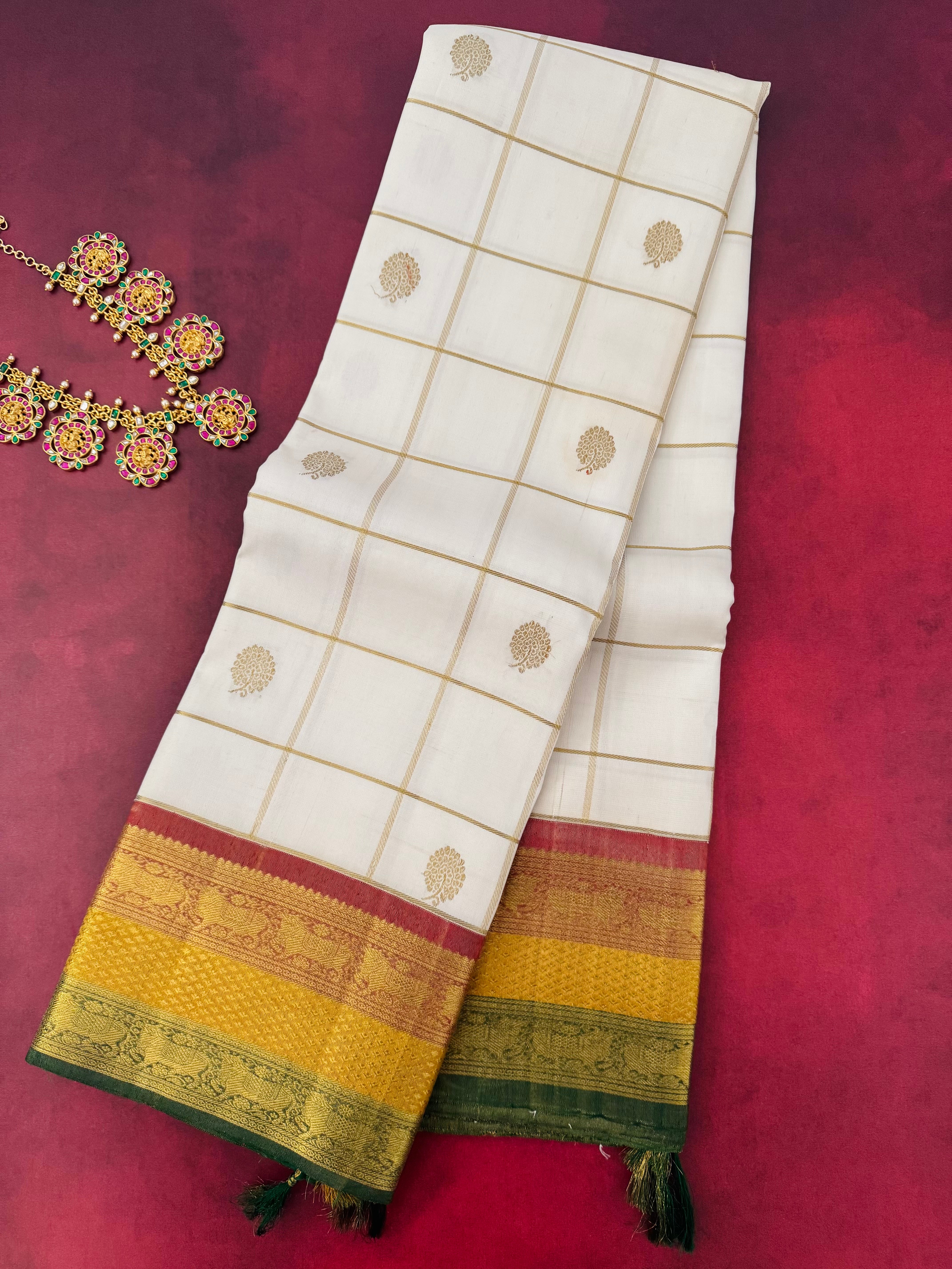 Exclusive Kanchivaram Korvai Pure Silk Pure Zari Silk Saree | Contrast Tissue Border | Off-White | Handwoven | Ships from California