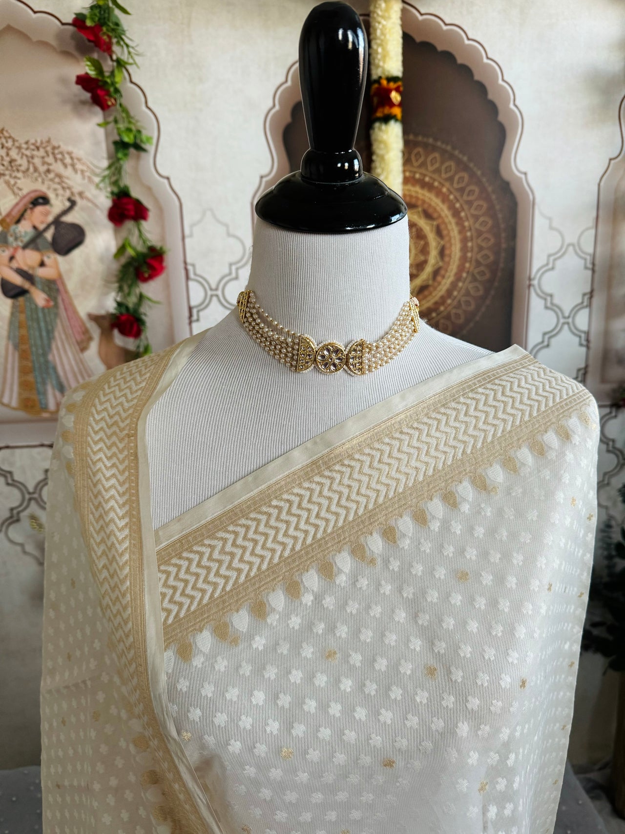 Banarasi Cotton Patola Saree | Off-White | Gold Zari | Handwoven | Ships from California