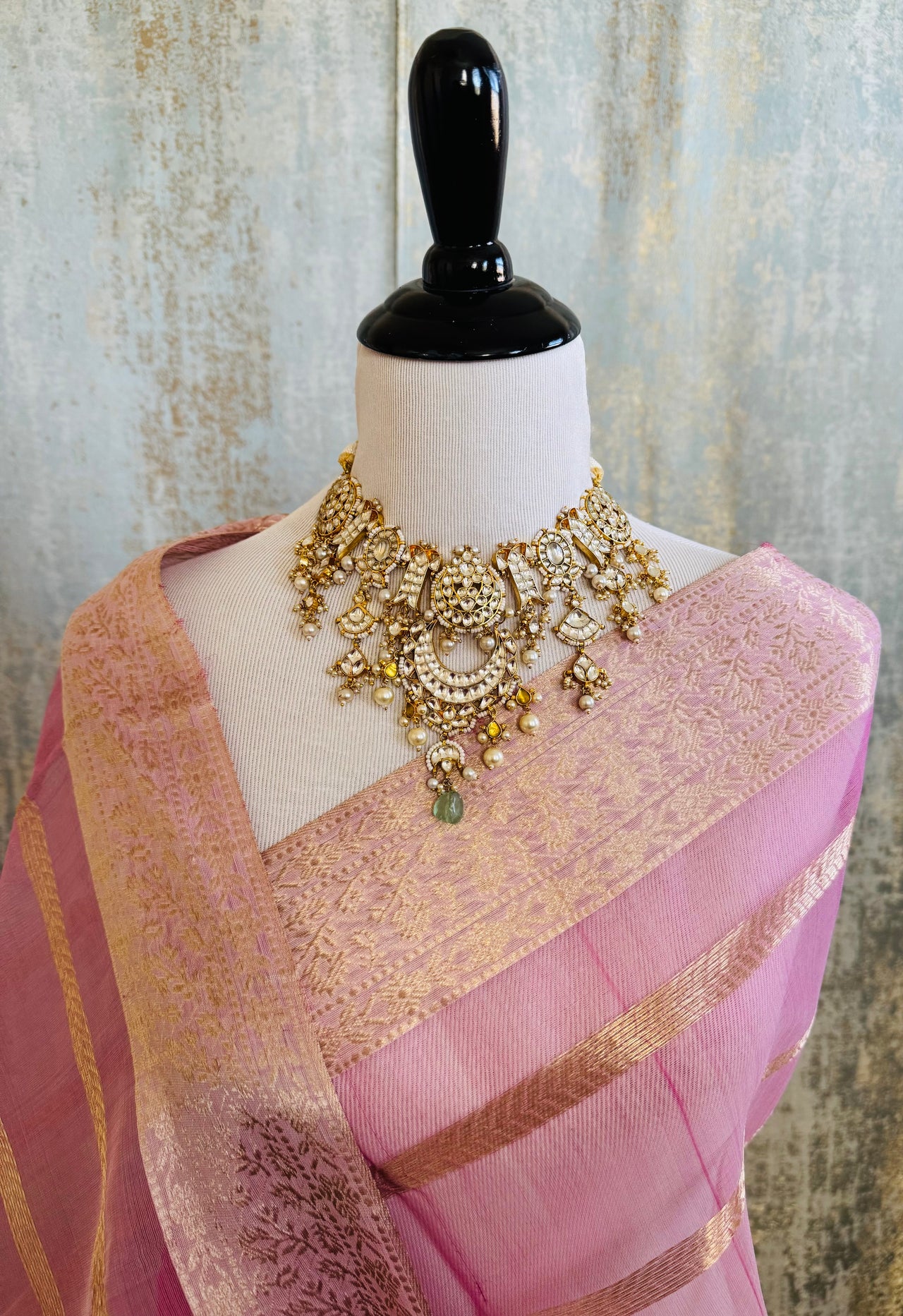 Ahmedabadi Kundan Jewelry Set | Semi-Precious Stones | Brass Base | Gold Plated | Silver Foil | Free Shipping | Ships from California