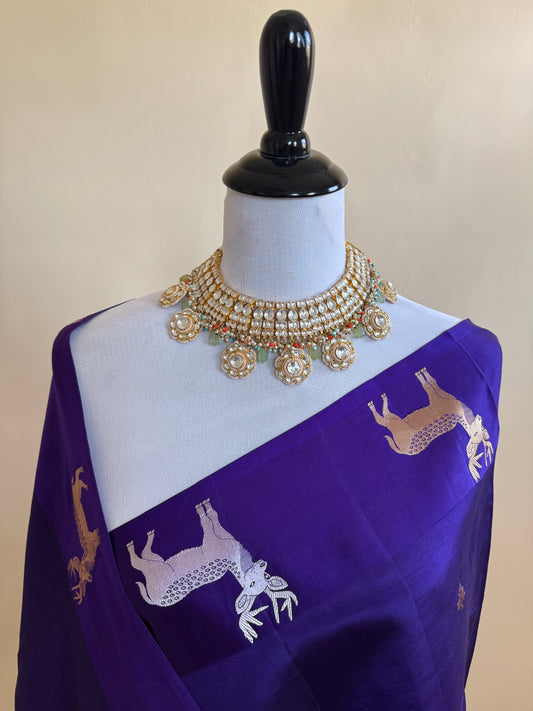 Mango Silk Saree from Banaras | Deep Purple | Satin Border | Silver & Gold Zari | Handwoven | Silk Mark Certified | Ships from California