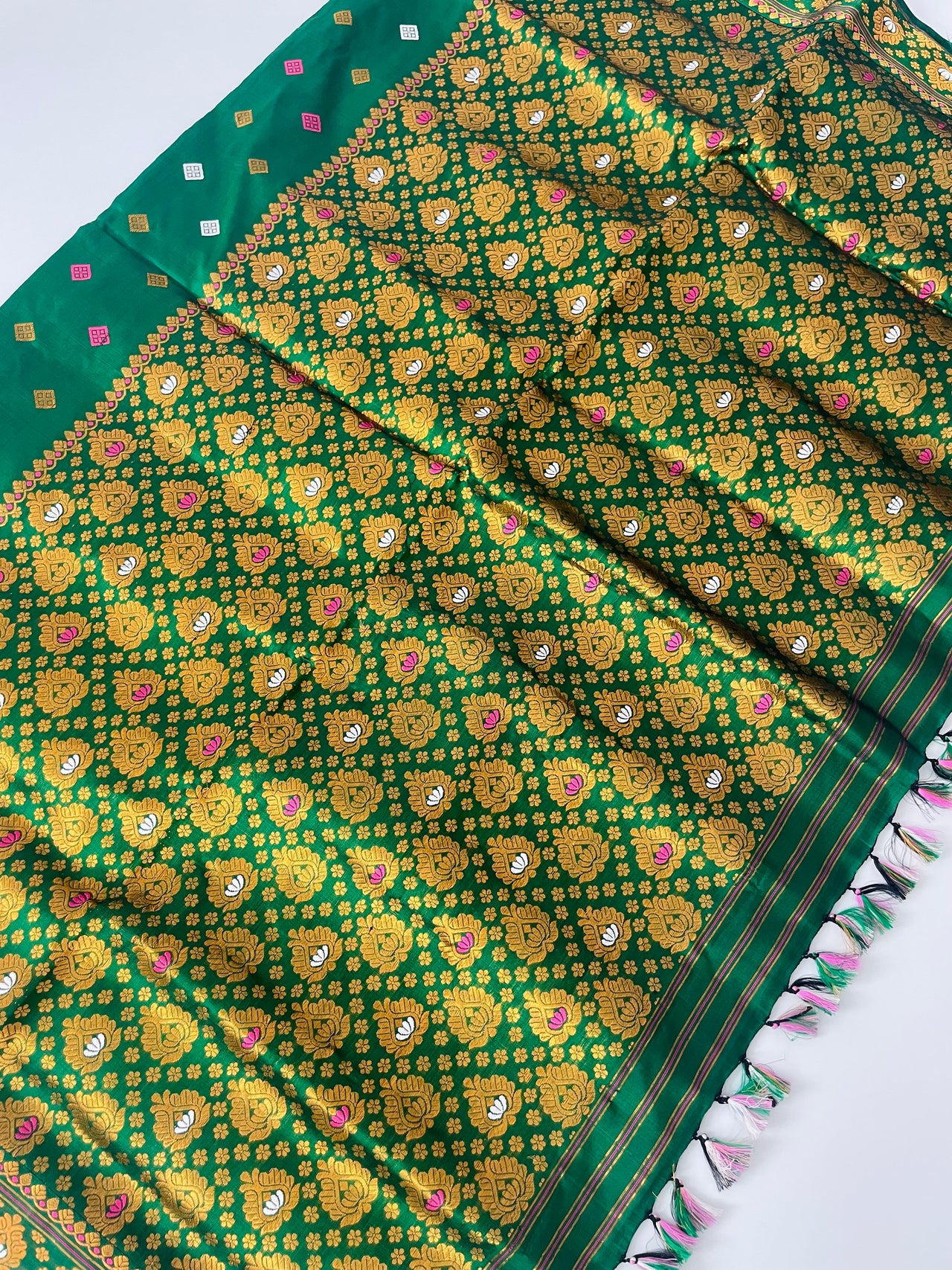 Assam Pat Mulberry Silk Saree | Green | Gold Zari | Handwoven | Silk Mark Certified | Ships from California