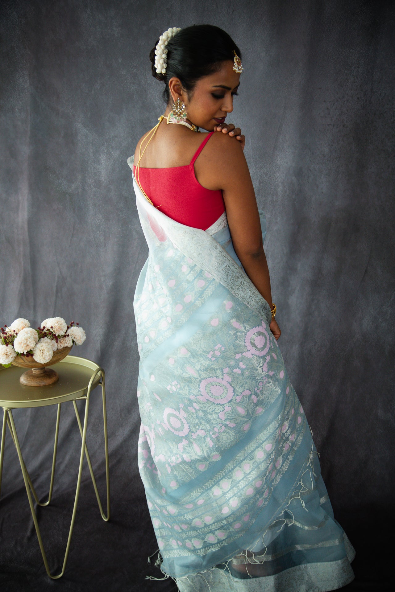 ShopNaya Exclusive | Handwoven | Silk Organza | Pastel Blue & Pink | Silver Zari | Ships from California