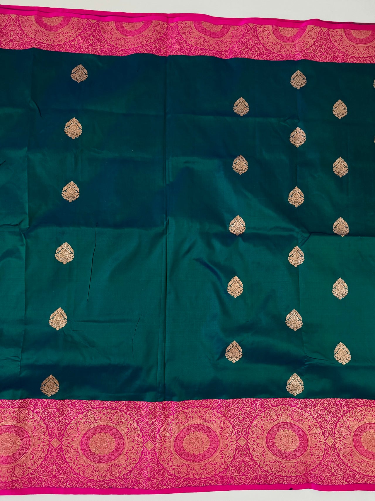 Banarasi Katan Pure Silk Saree | Peacock Blue Green & Pink| Gold Zari | Handwoven | Ships from California