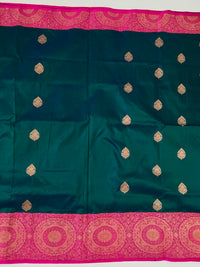 Thumbnail for Banarasi Katan Pure Silk Saree | Peacock Blue Green & Pink| Gold Zari | Handwoven | Ships from California