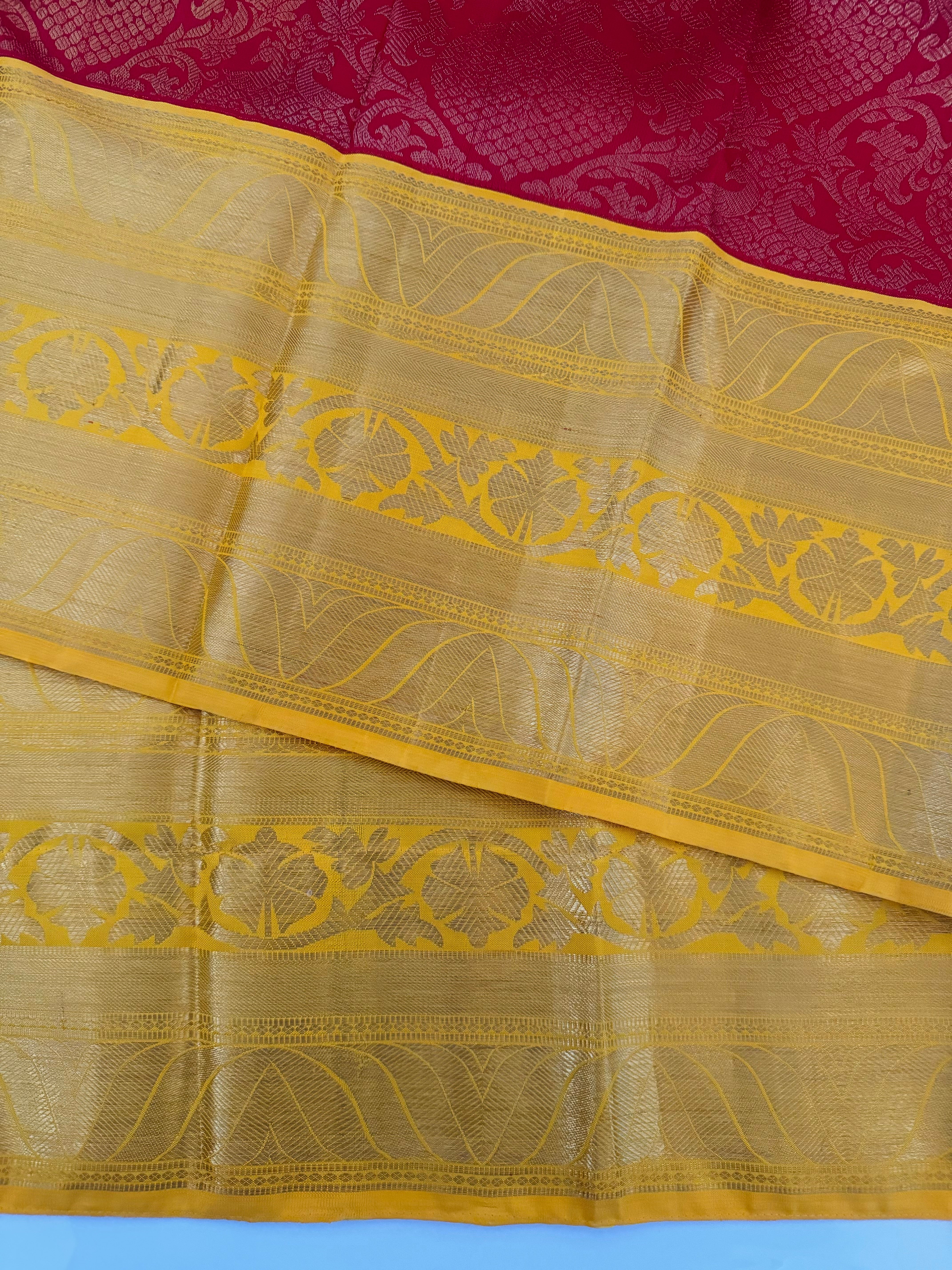 Exclusive Kanchivaram Brocade Korvai Pure Silk Pure Zari Silk Saree | Red & Yellow | Gold Zari | Handwoven | Ships from California