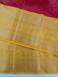 Thumbnail for Exclusive Kanchivaram Brocade Korvai Pure Silk Pure Zari Silk Saree | Red & Yellow | Gold Zari | Handwoven | Ships from California