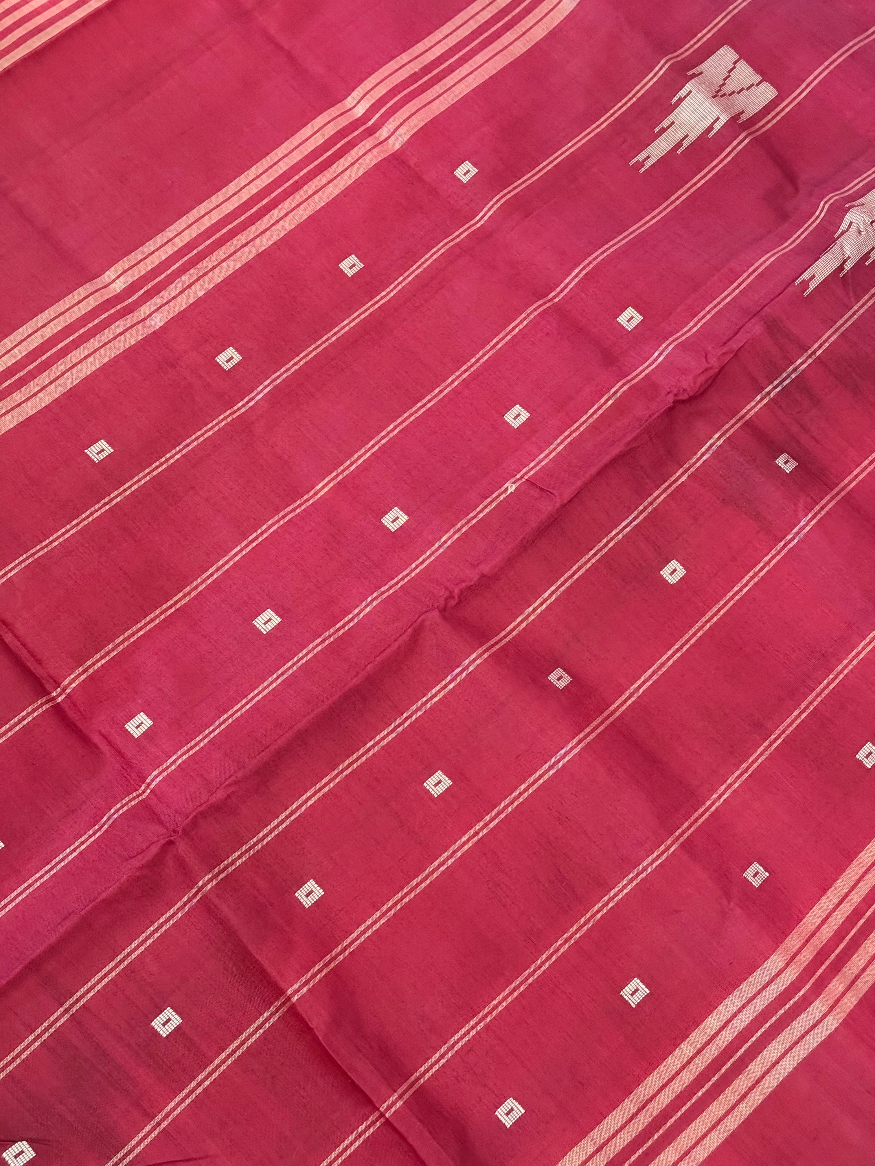 Vegan Silk Saree | No Zari | No Blouse | Handwoven | Peach & Brick Red | Ships from California