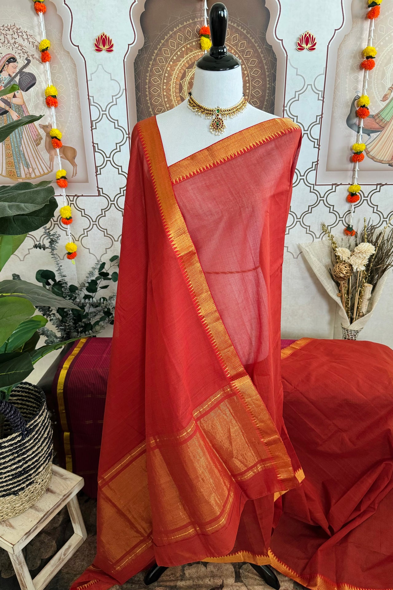 Handwoven Mangalgiri Cotton Saree | Brick Red | Gold Zari | Handwoven | Ships from California