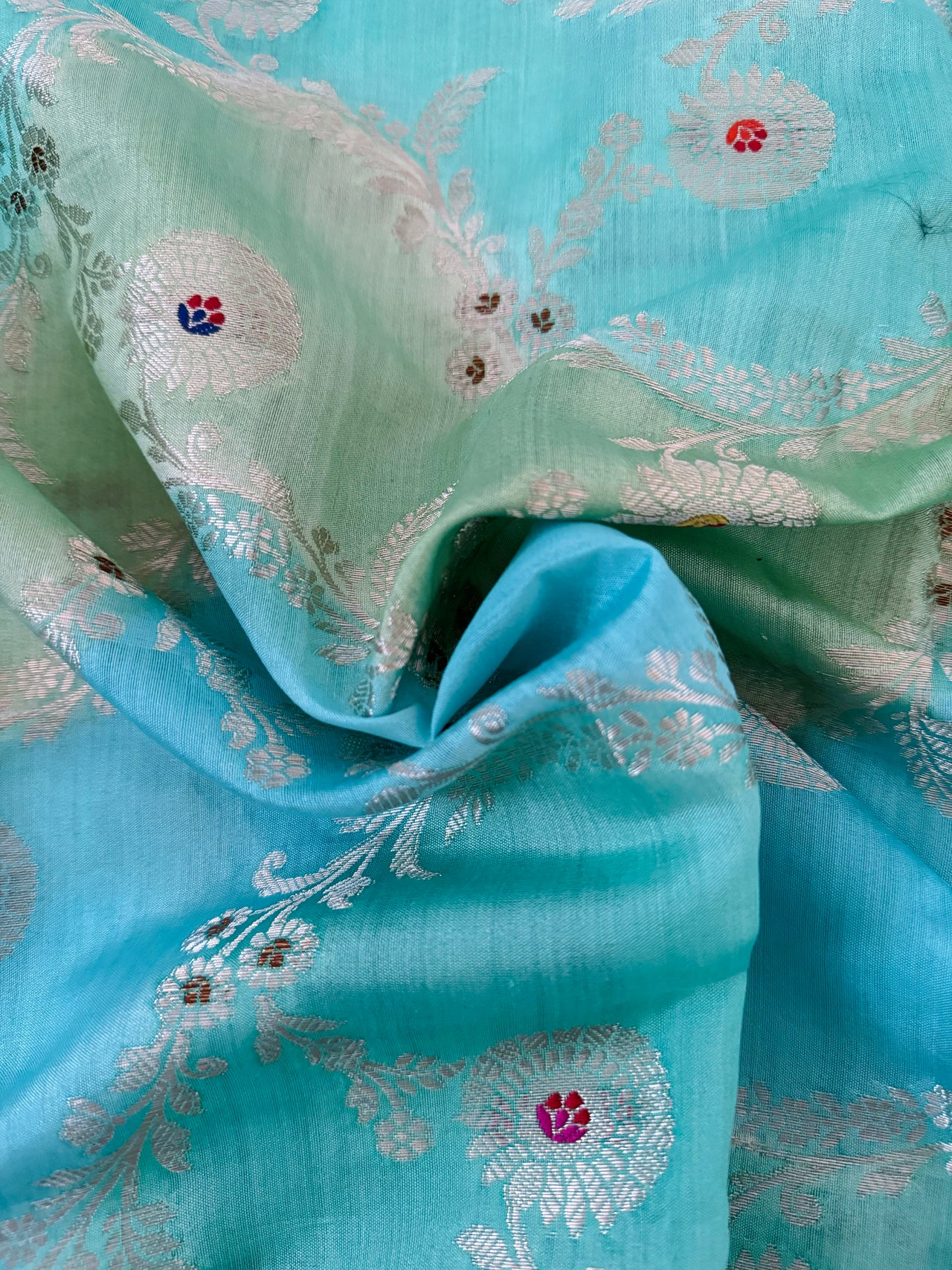 Rangkat Cotton Silk Meenakari Saree from Banaras | Hand Painted | Handwoven | Sky Blue & Green | Gold Zari | Ships from California