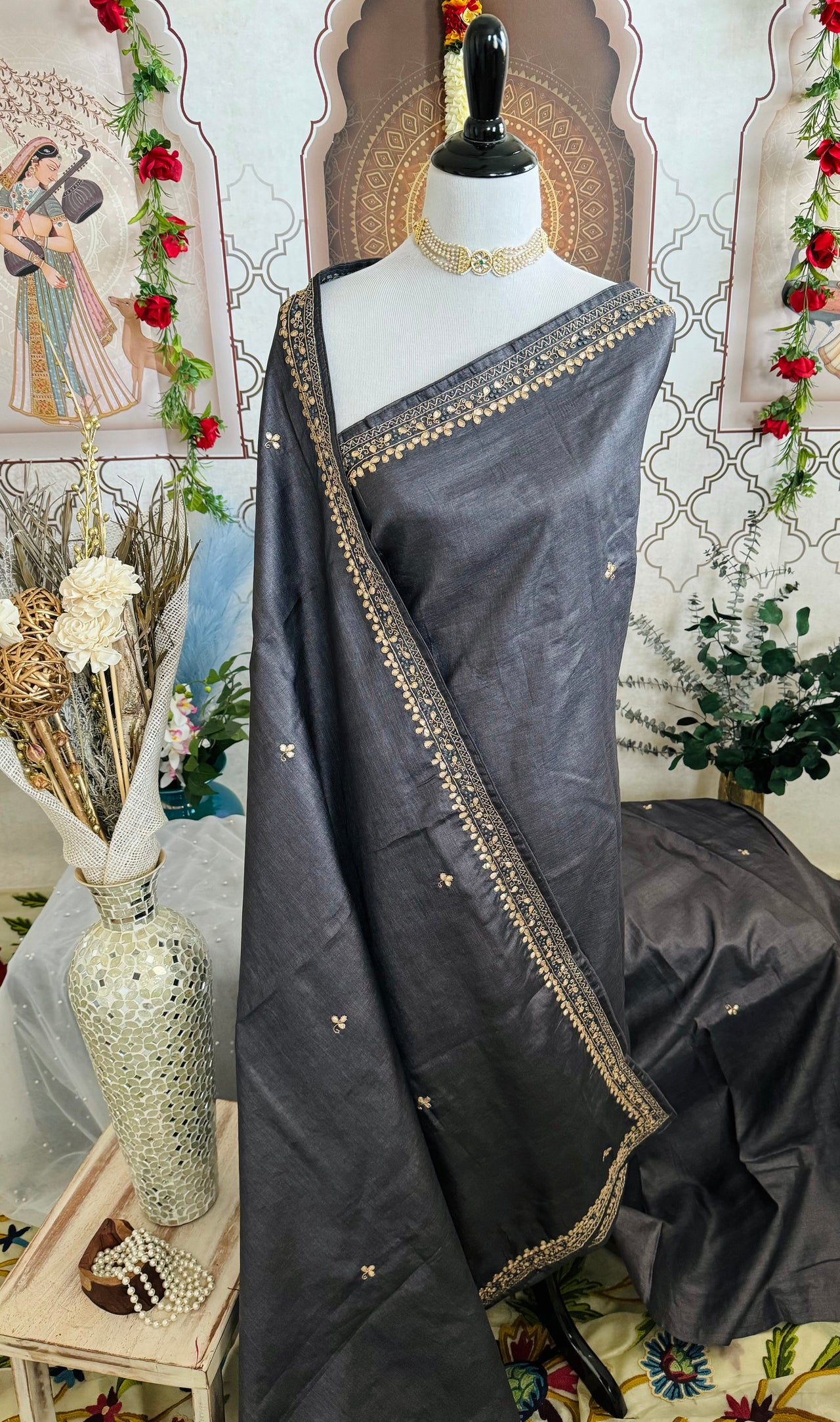 Lightweight Gotta Patti Embroidery Pure Tussar Silk Saree | Dark Gray | Hand Embroidery | Ships from California