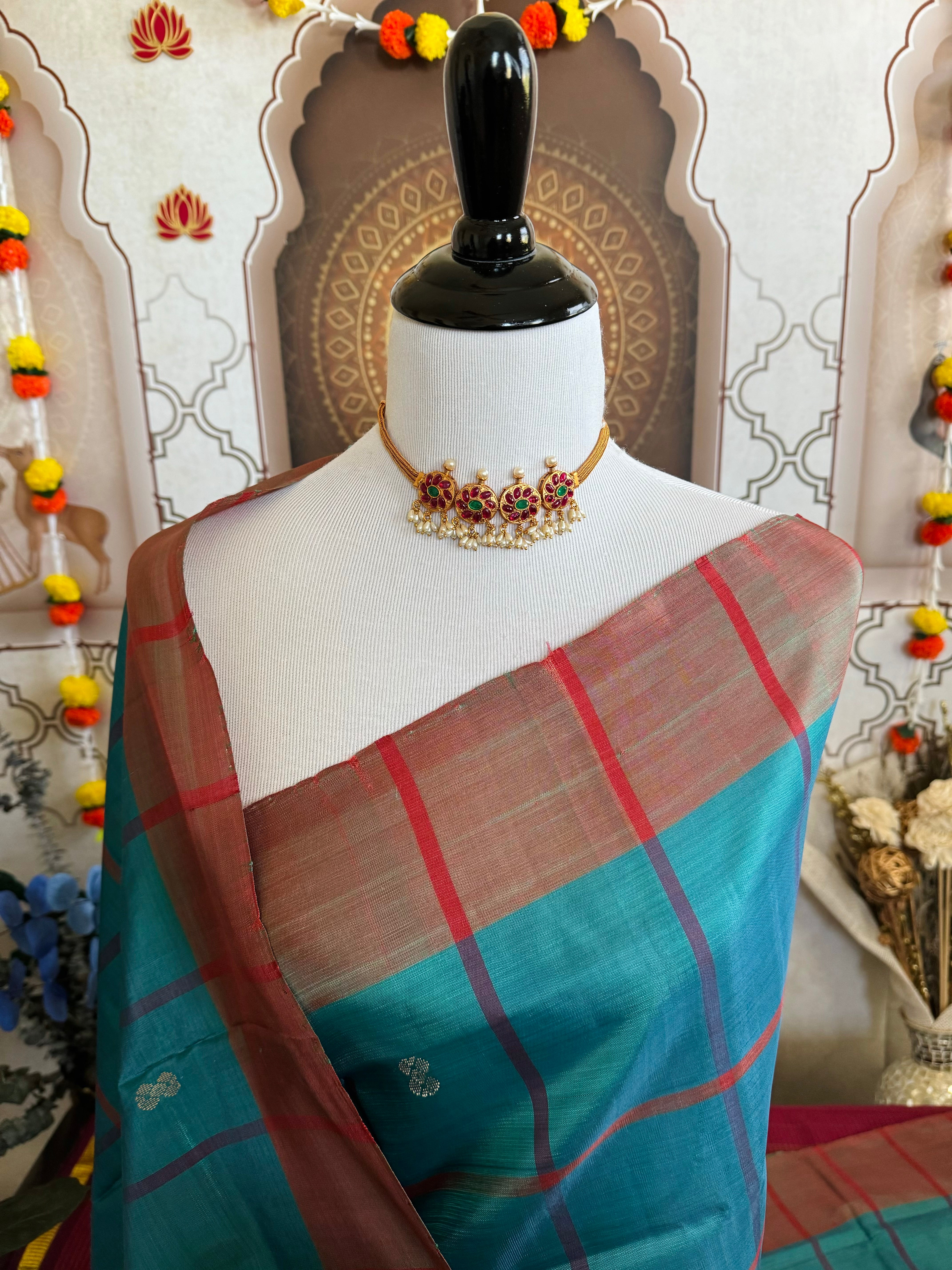 Vegan Silk Saree | No Zari | No Blouse | Handwoven | Sky Blue Green & Red | Ships from California