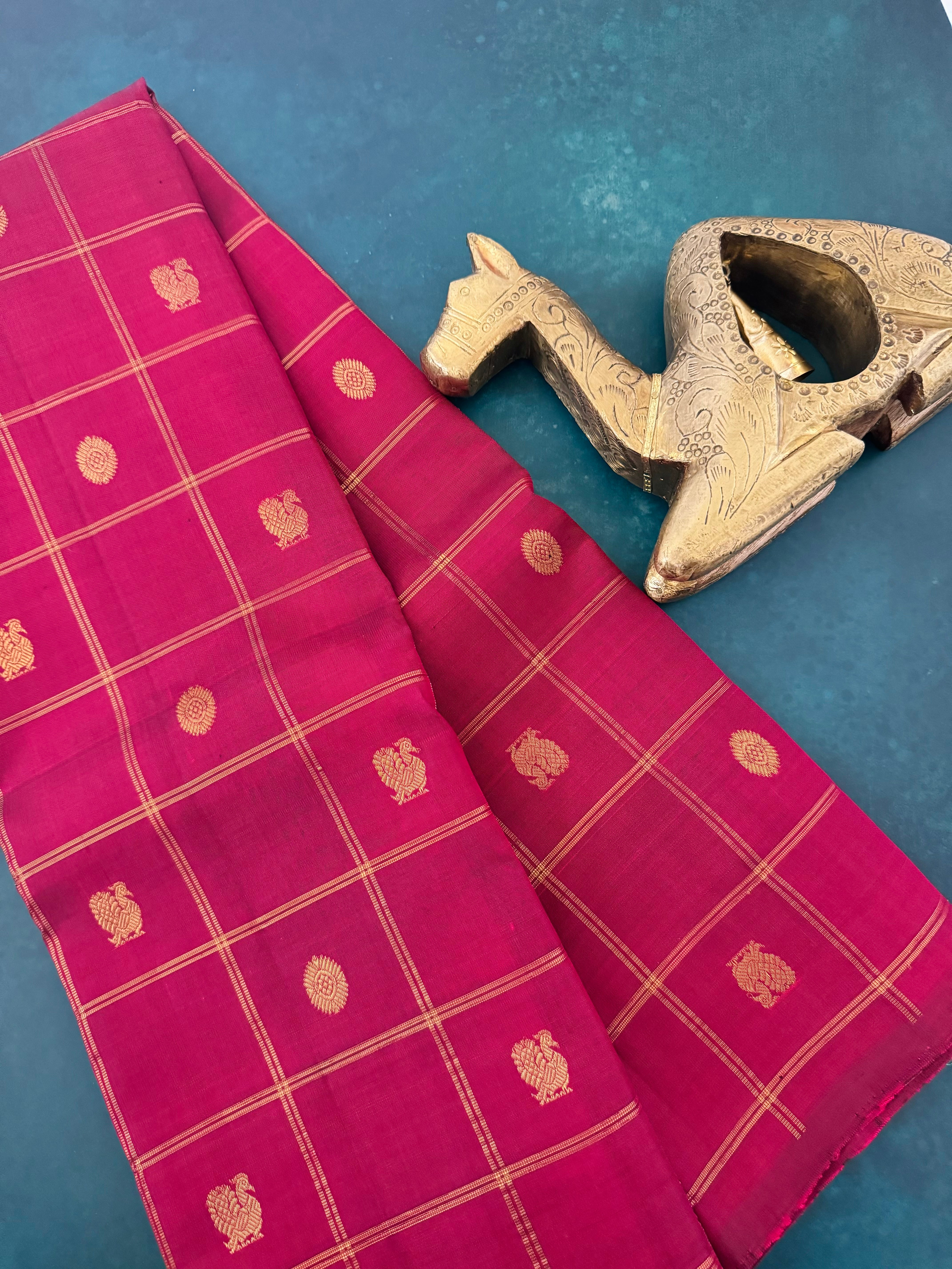 Borderless Kanchivaram Korvai Pure Silk Pure Zari Silk Saree | Maroon & Turquoise | Gold Zari | Handwoven | Ships from California