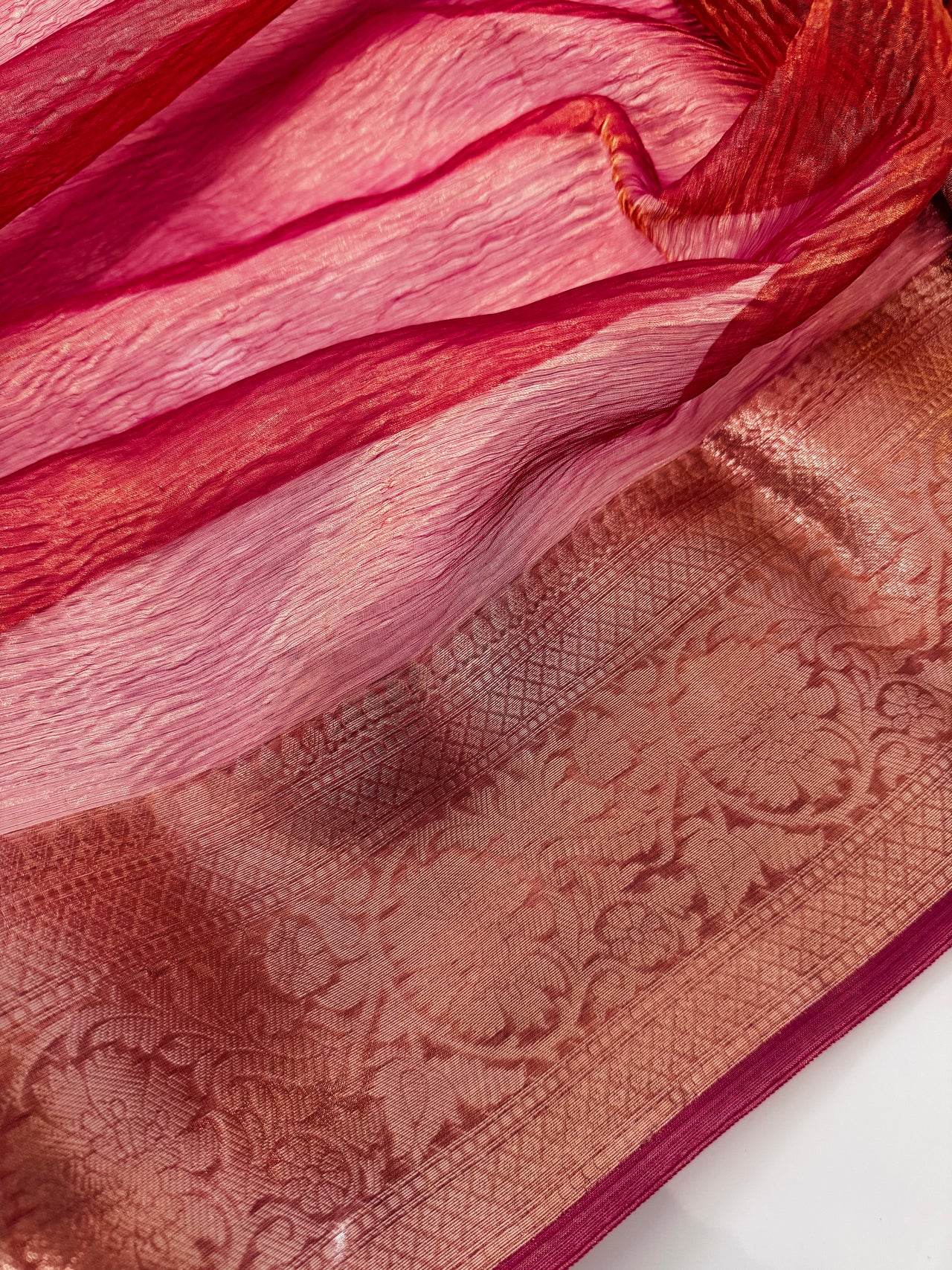 Banarasi Tissue Silk Saree | Metallic Onion Pink | Crushed Texture | Gold Zari | Handwoven | Ships from California