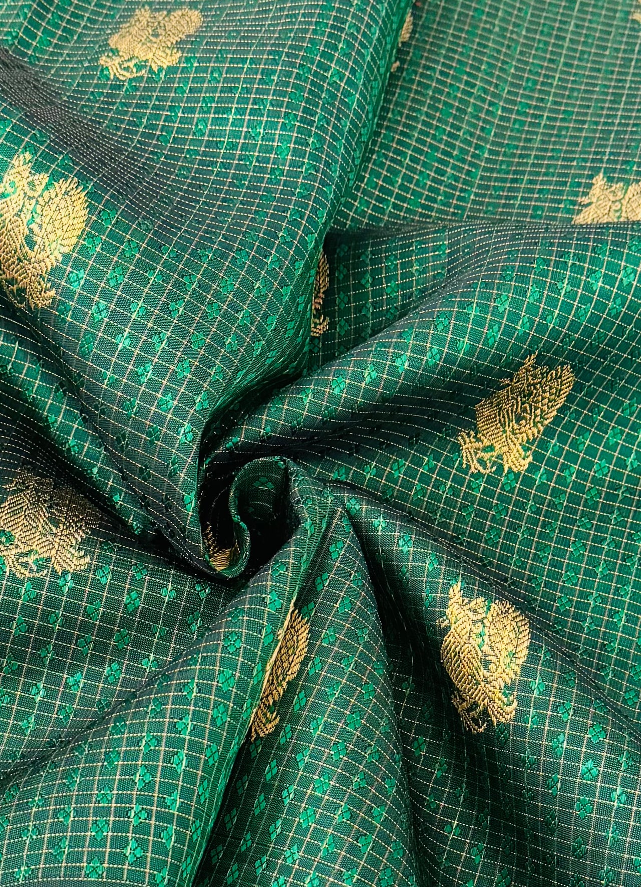 Exclusive Kanchivaram Pure Silk Pure Zari Silk Saree | Deep Green | Check Pattern | Handwoven | Ships from California