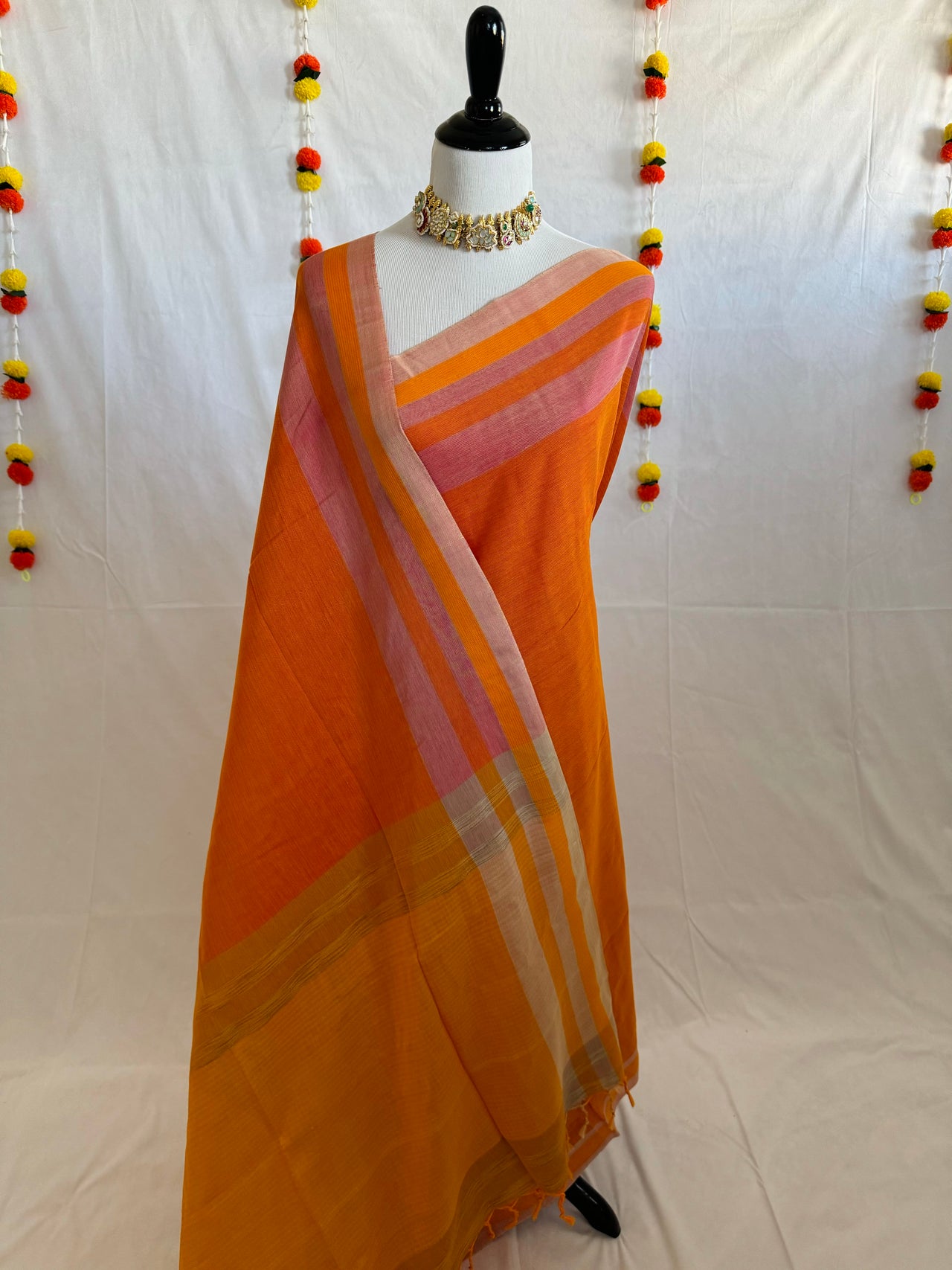 ShopNaya Exclusive | Handwoven | Cotton & Soft Silk Saree | Dobby Design | No Blouse | Yellow Orange | Ships from California