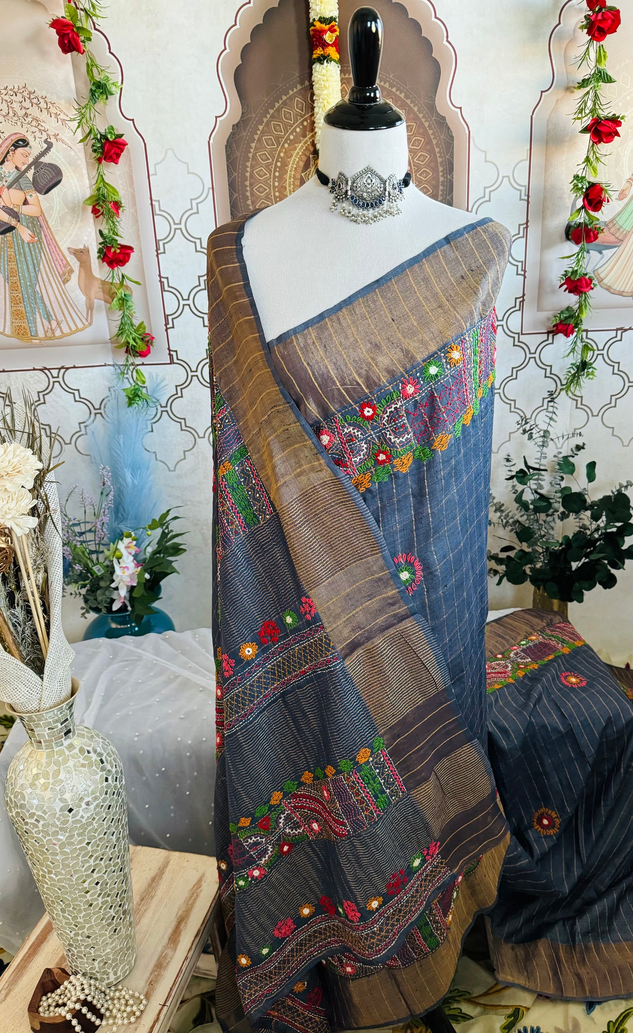 Lightweight Tribal Lambani Embroidery Pure Tussar Silk Saree | Bluish Gray | Hand Embroidery | Ships from California