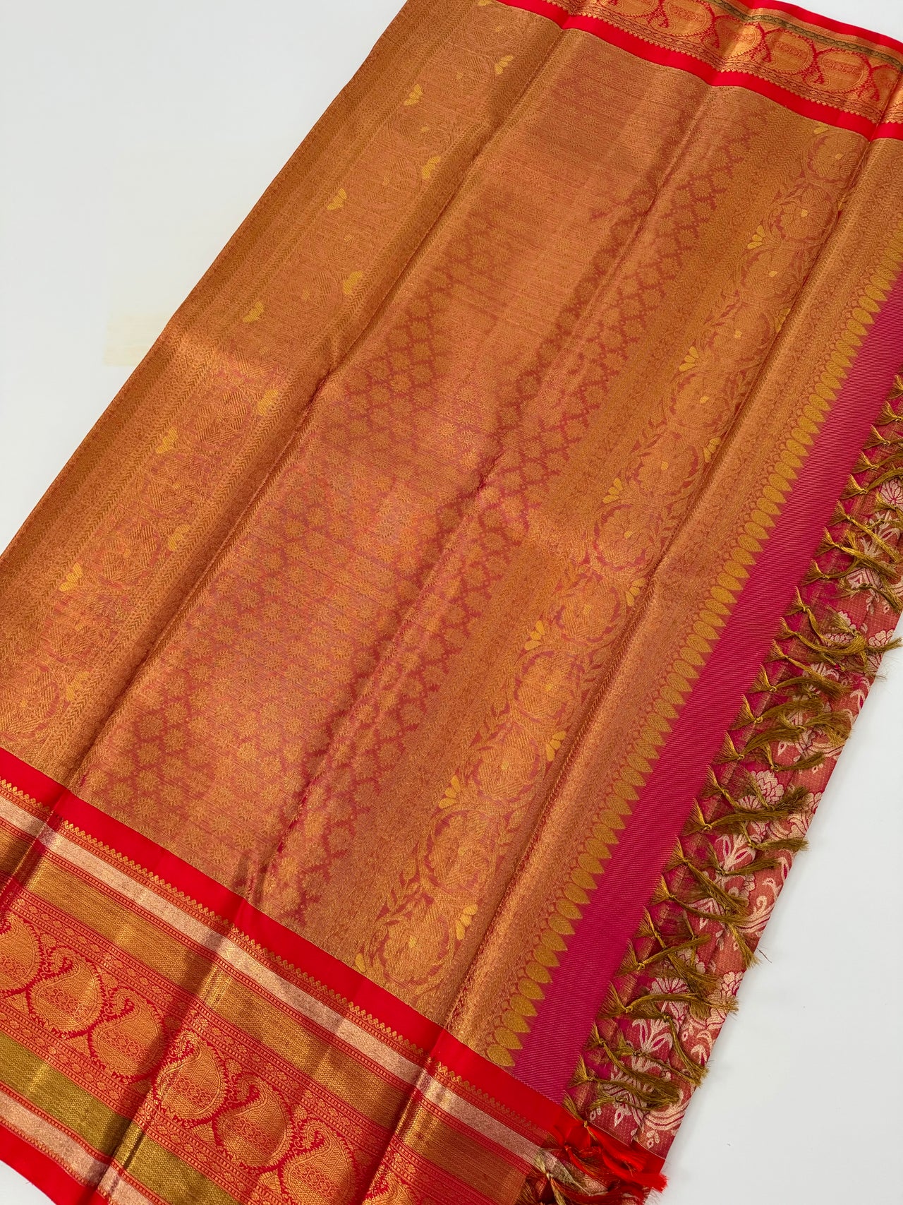 Exclusive Kanchivaram Tissue Silk Pure Zari Silk Saree | Metallic Pink & Gold | Brocade Pattern | Handwoven | Ships from California