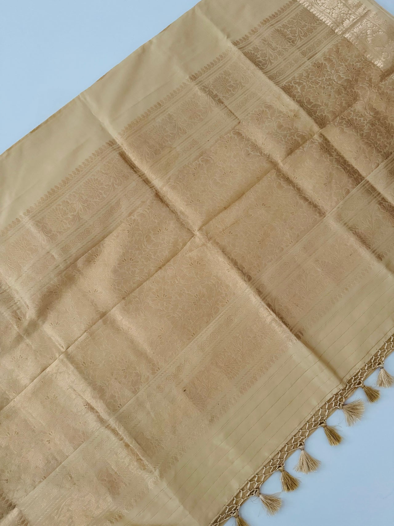 Light weight Katan Silk Saree from Banaras | Light Beige | Gold Zari | Handwoven | Silk Mark Certified | Ships from California