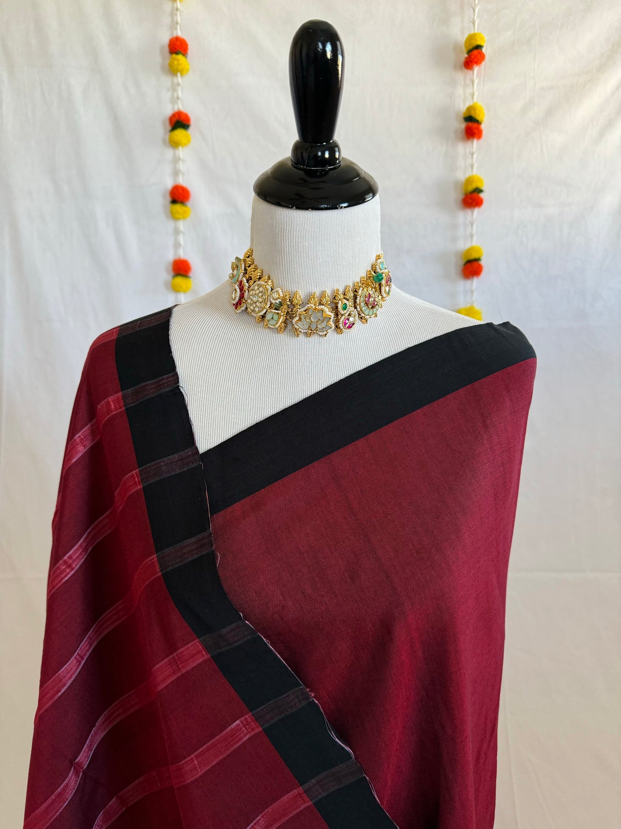 ShopNaya Exclusive | Handwoven | Cotton Saree | No Blouse | Wine Red & Black | Gold Zari | Ships from California