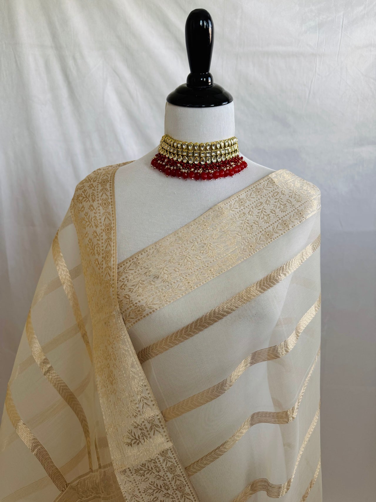 ShopNaya Exclusive | Handwoven | Silk Organza | Beige & Gold | Gold Zari | Ships from California