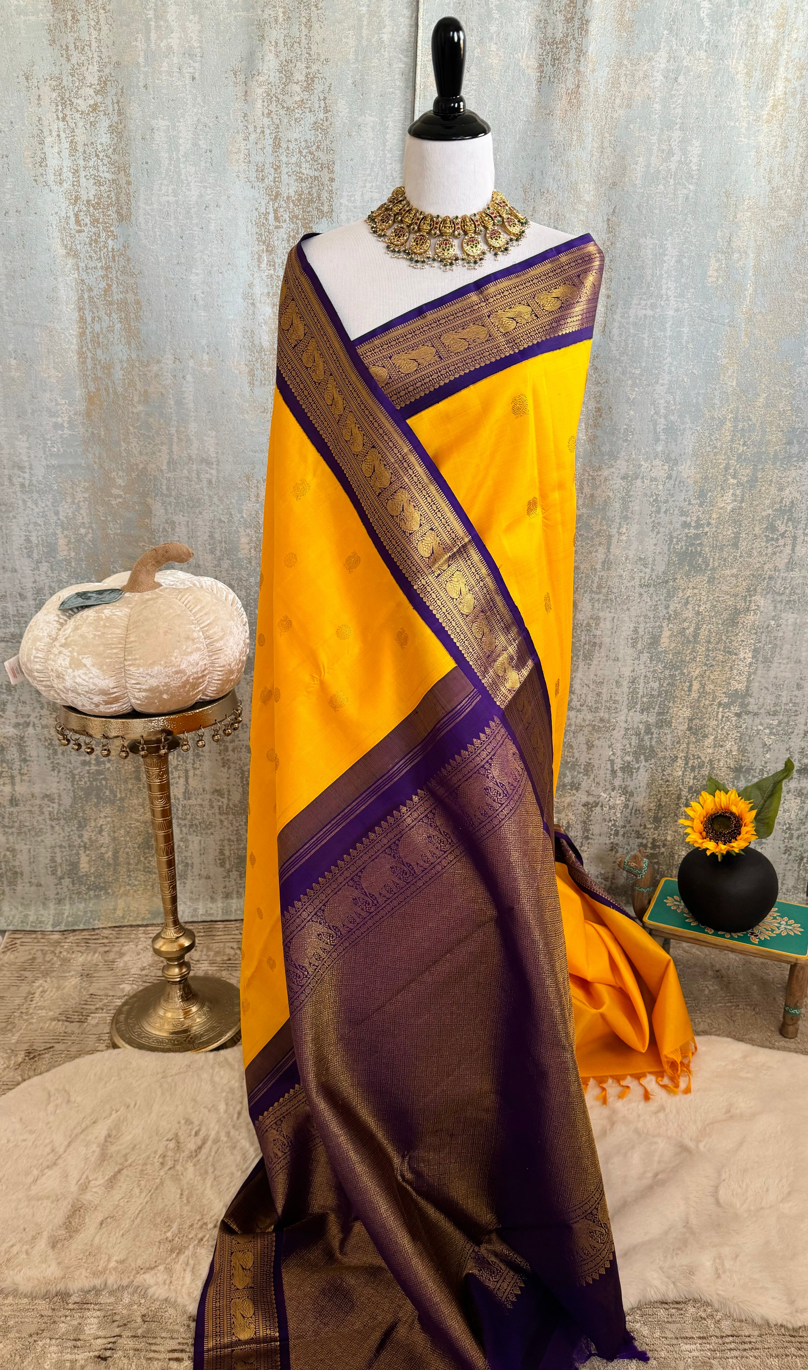 Exclusive Kanchivaram Korvai Pure Silk Pure Zari Silk Saree | Mango Yellow & Purple | Gold Zari | Handwoven | Ships from California