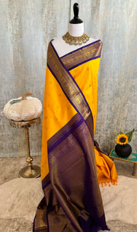 Thumbnail for Exclusive Kanchivaram Korvai Pure Silk Pure Zari Silk Saree | Mango Yellow & Purple | Gold Zari | Handwoven | Ships from California