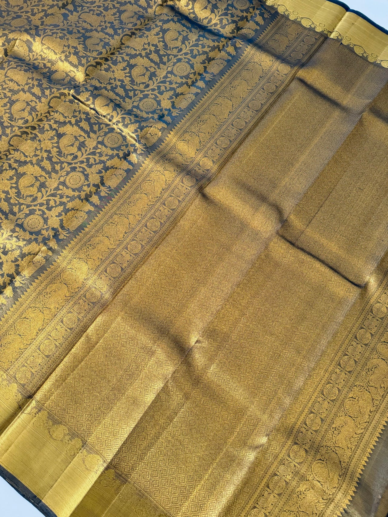 ShopNaya Exclusive | Brocade Kanchipuram Pure Silk Saree | Metallic Peacock Blue | Pure Gold Zari | Handwoven | Ships from California