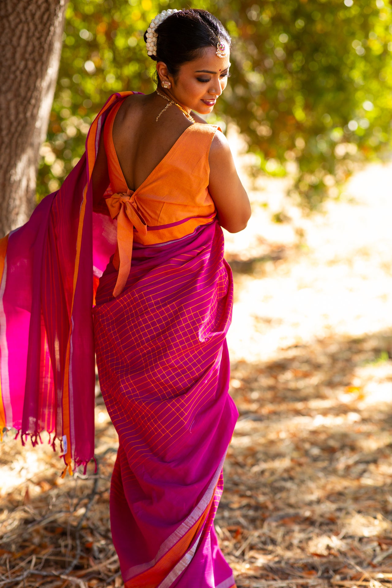 ShopNaya Exclusive | Handwoven | Pure Cotton Saree | Jamdani Weave | No Blouse | Pink | Gold Zari | Ships from California