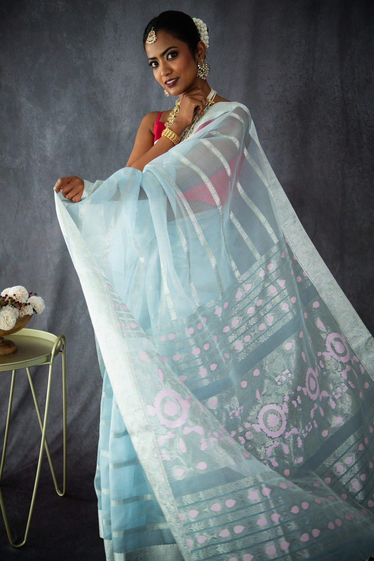 ShopNaya Exclusive | Handwoven | Silk Organza | Pastel Blue & Pink | Silver Zari | Ships from California