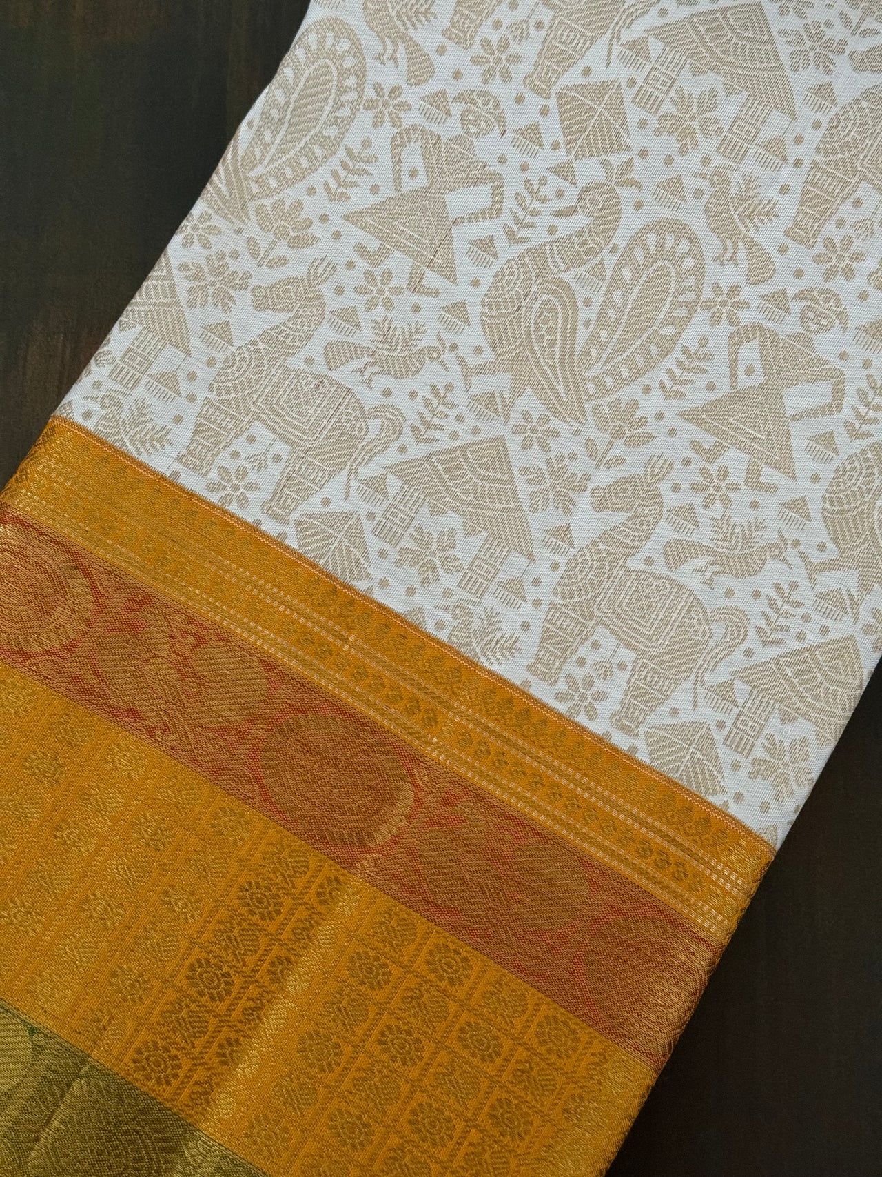 Exclusive Tribal Art Kanchivaram Korvai Pure Silk Pure Zari Silk Saree | Warli Inspired | Off-White | Handwoven | Ships from California