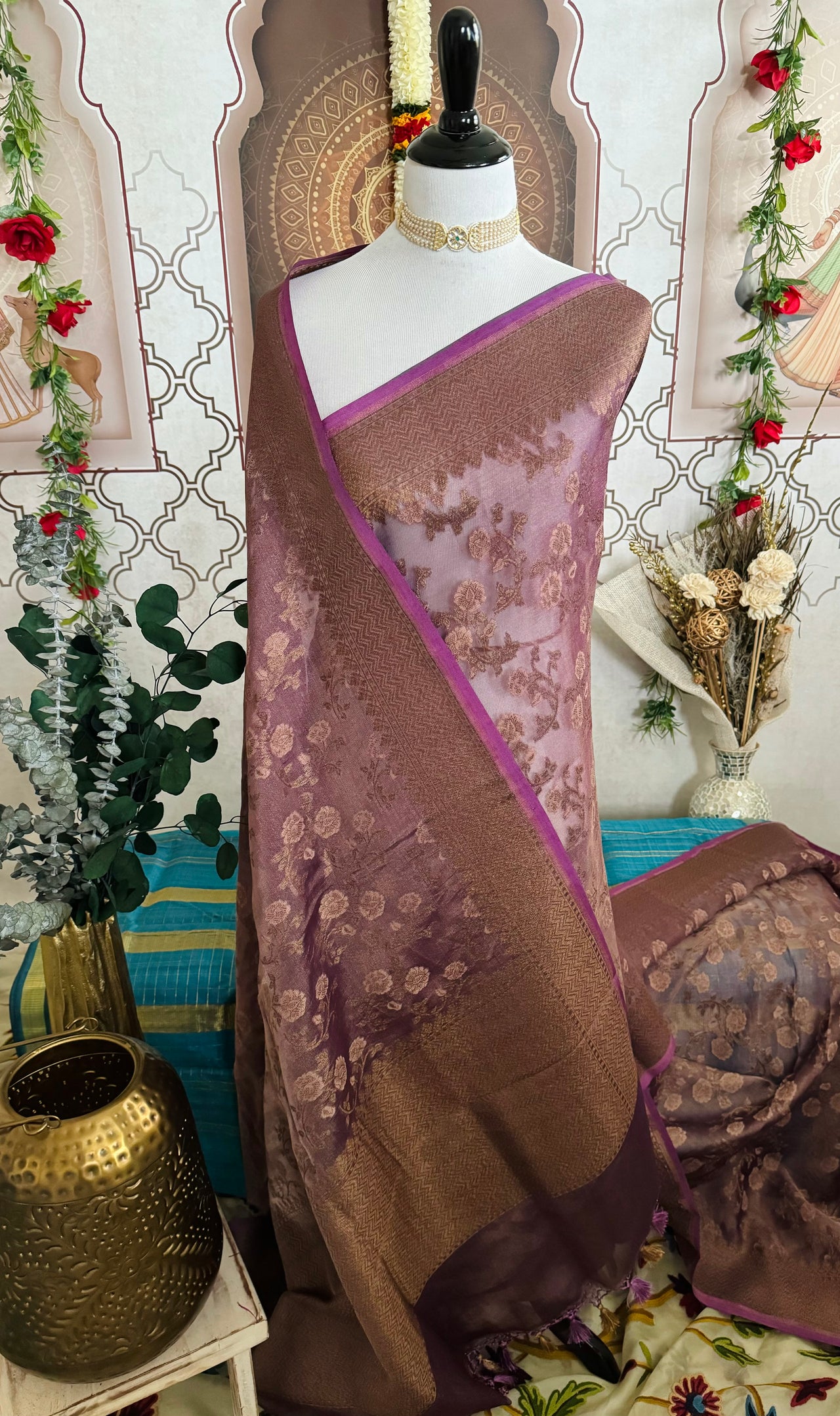 Tissue Silk and Tussar Silk Saree | Antique Zari | Dull Purple | Handwoven | Ships from California