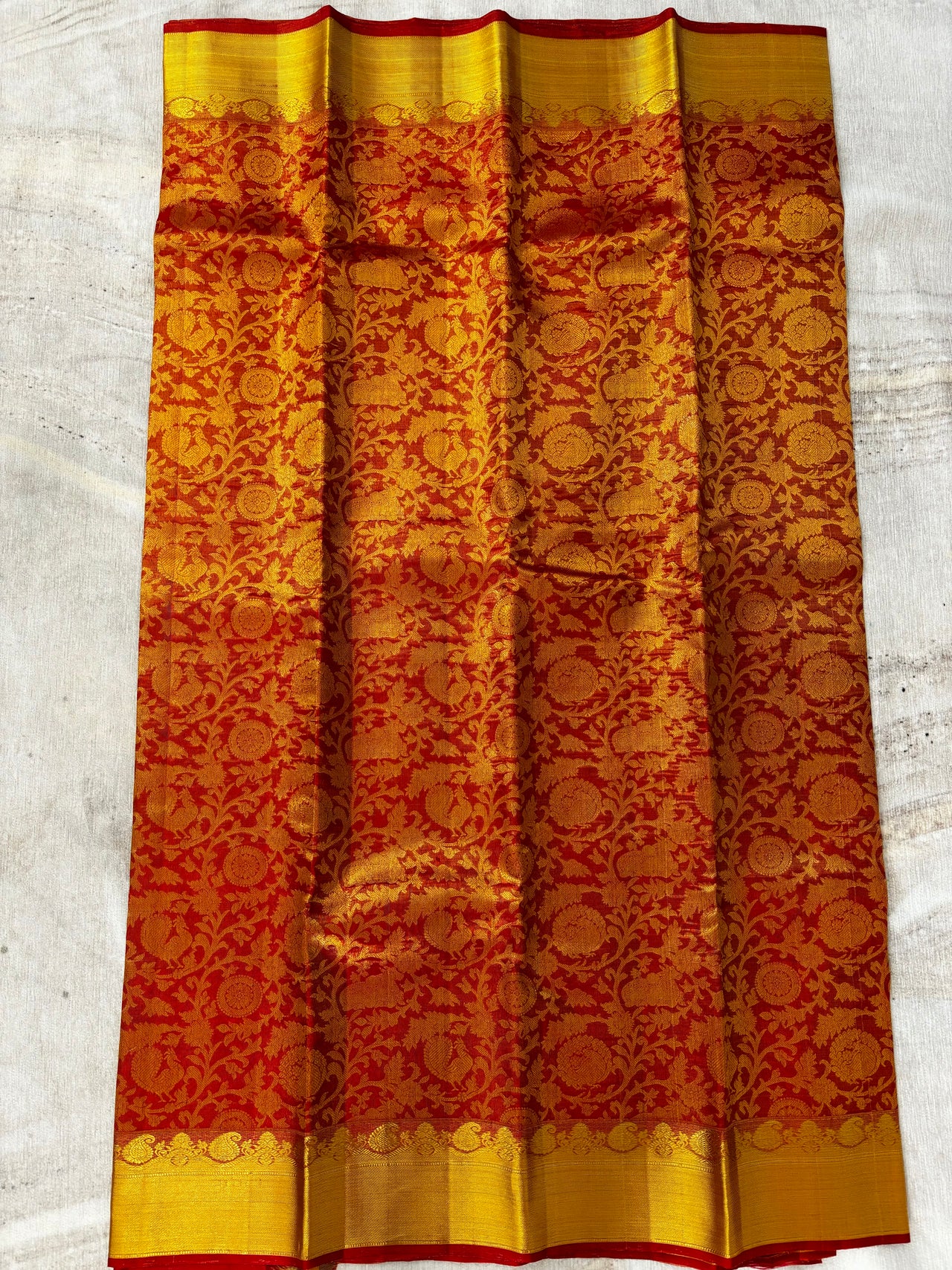 ShopNaya Exclusive | Metallic Brocade Kanchipuram Pure Silk Saree | Red | Pure Gold Zari | Handwoven | Ships from California