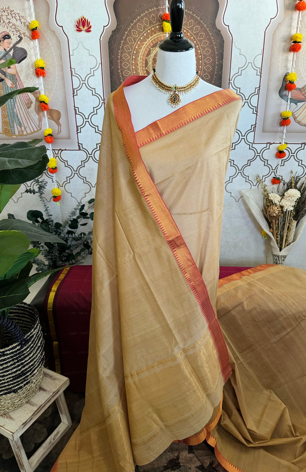 Handwoven Mangalgiri Cotton Saree | Beige | Gold Zari | Handwoven | Ships from California