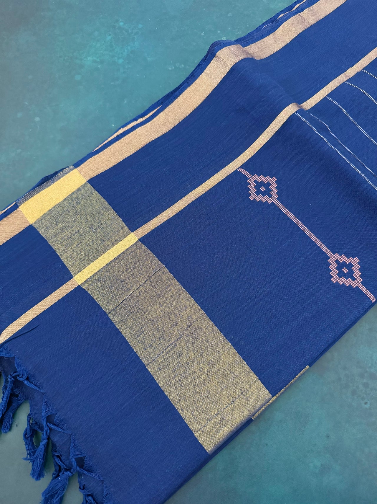 ShopNaya Exclusive | Handwoven | Pure Cotton Saree | Jamdani Weave | No Blouse | Royal Blue | Gold Zari | Ships from California