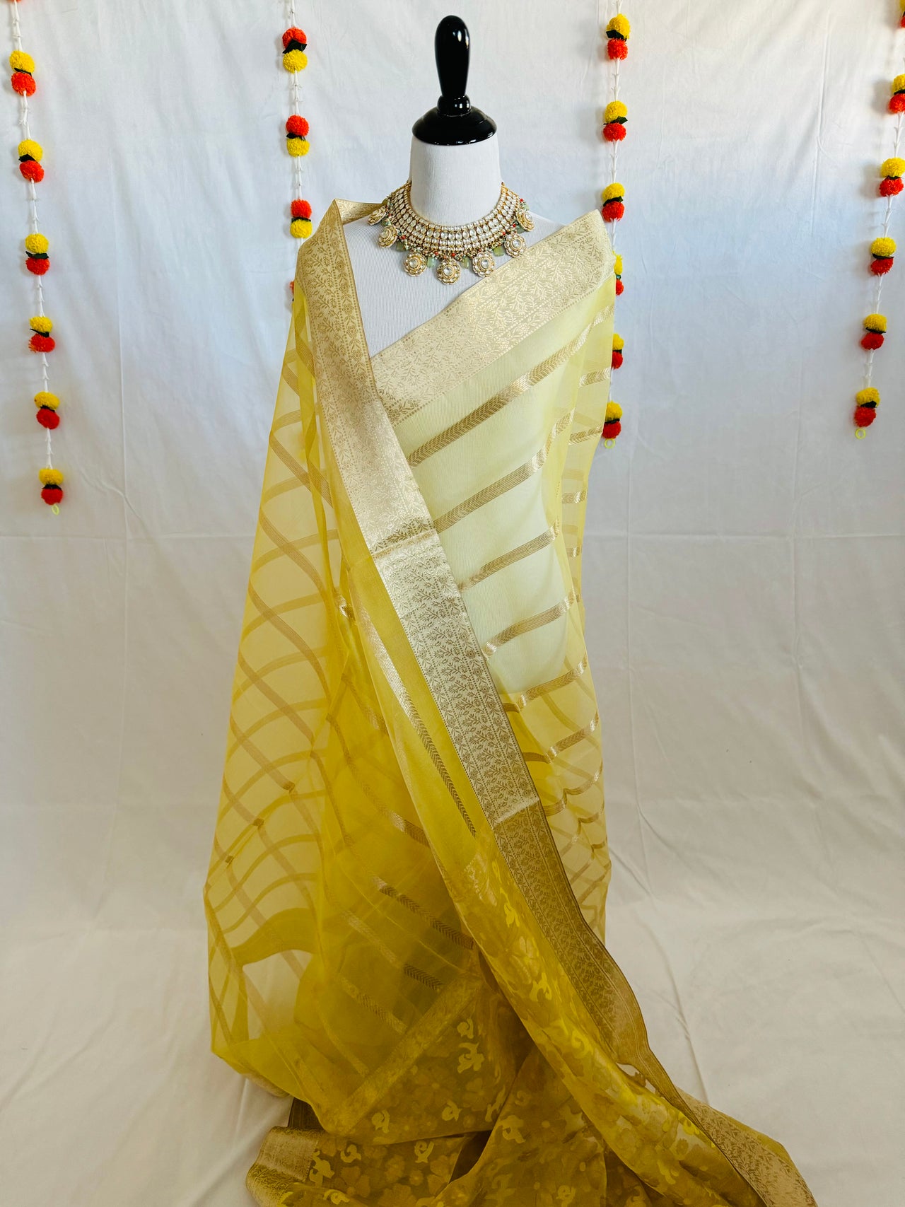 ShopNaya Exclusive | Handwoven | Silk Organza | Yellow | Gold Zari | Ships from California