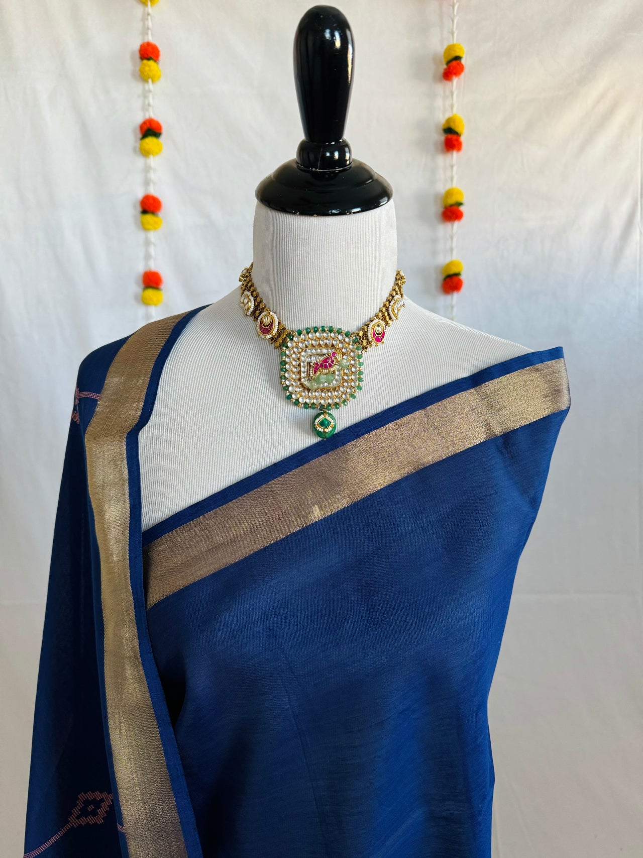 ShopNaya Exclusive | Handwoven | Pure Cotton Saree | Jamdani Weave | No Blouse | Royal Blue | Gold Zari | Ships from California