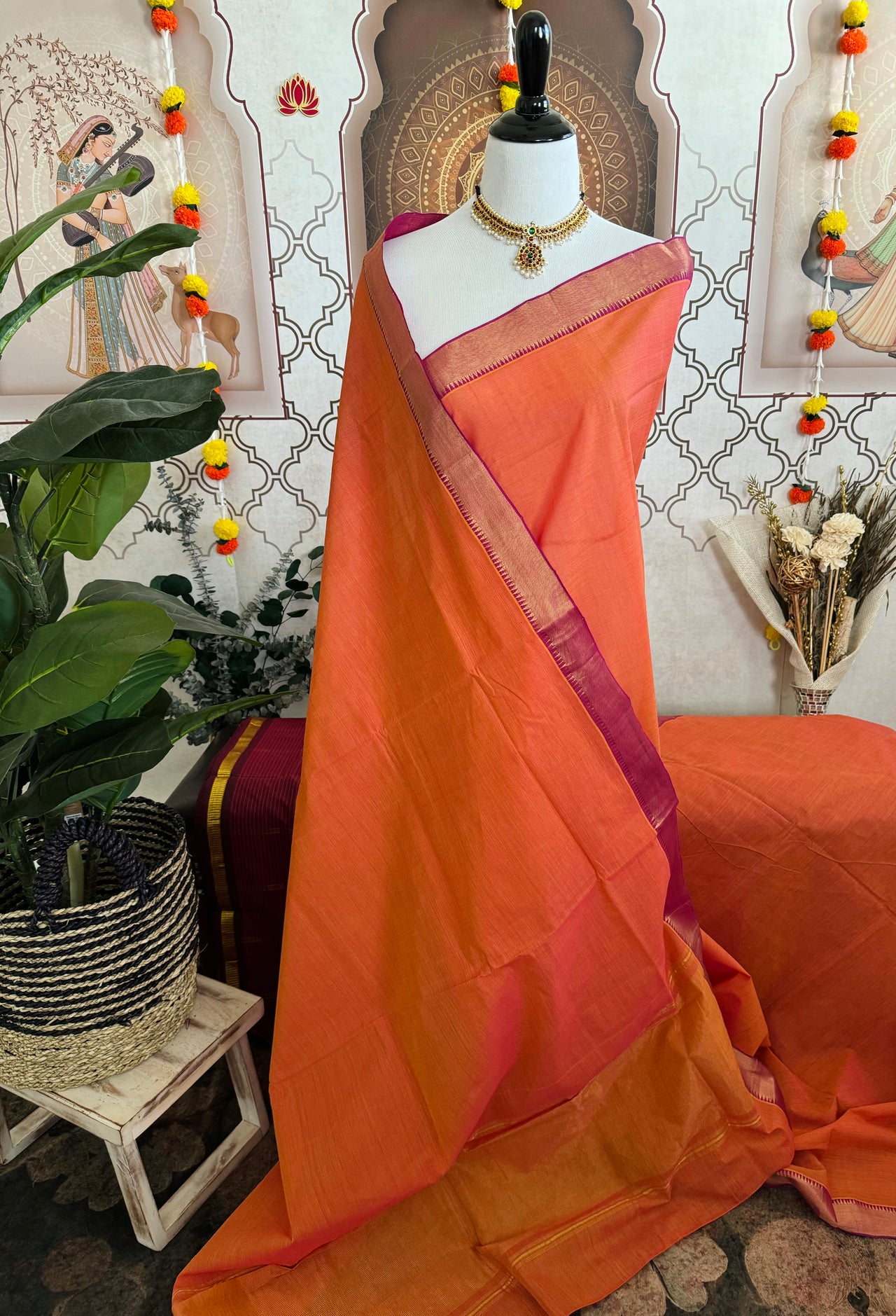 Handwoven Mangalgiri Cotton Saree | Orange Pink Shot Color | Gold Zari | Handwoven | Ships from California