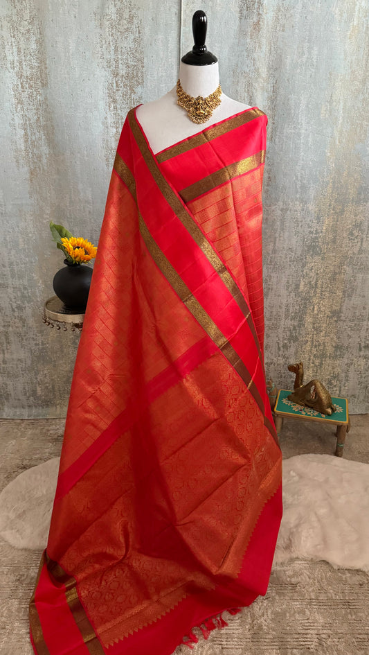 Exclusive Kanchivaram Pure Silk Pure Zari Silk Saree | Deep Green | Check Pattern | Handwoven | Ships from California