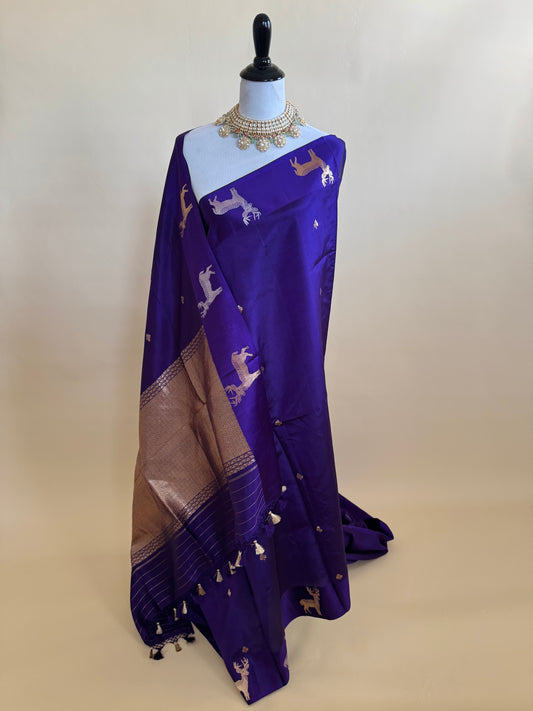 Mango Silk Saree from Banaras | Deep Purple | Satin Border | Silver & Gold Zari | Handwoven | Silk Mark Certified | Ships from California