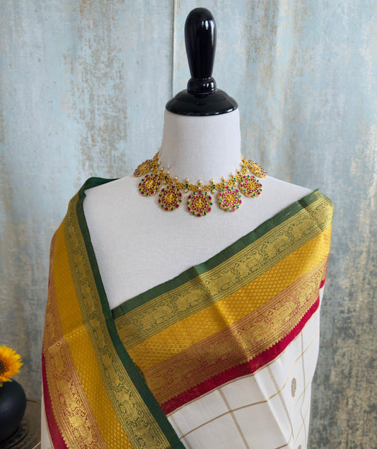 Exclusive Kanchivaram Korvai Pure Silk Pure Zari Silk Saree | Contrast Tissue Border | Off-White | Handwoven | Ships from California