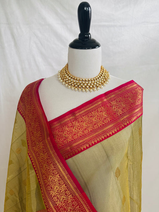 Chanderi Silk Saree | Handwoven | Silk | Light Moss Green & Pink | Gold Zari | Ships from California