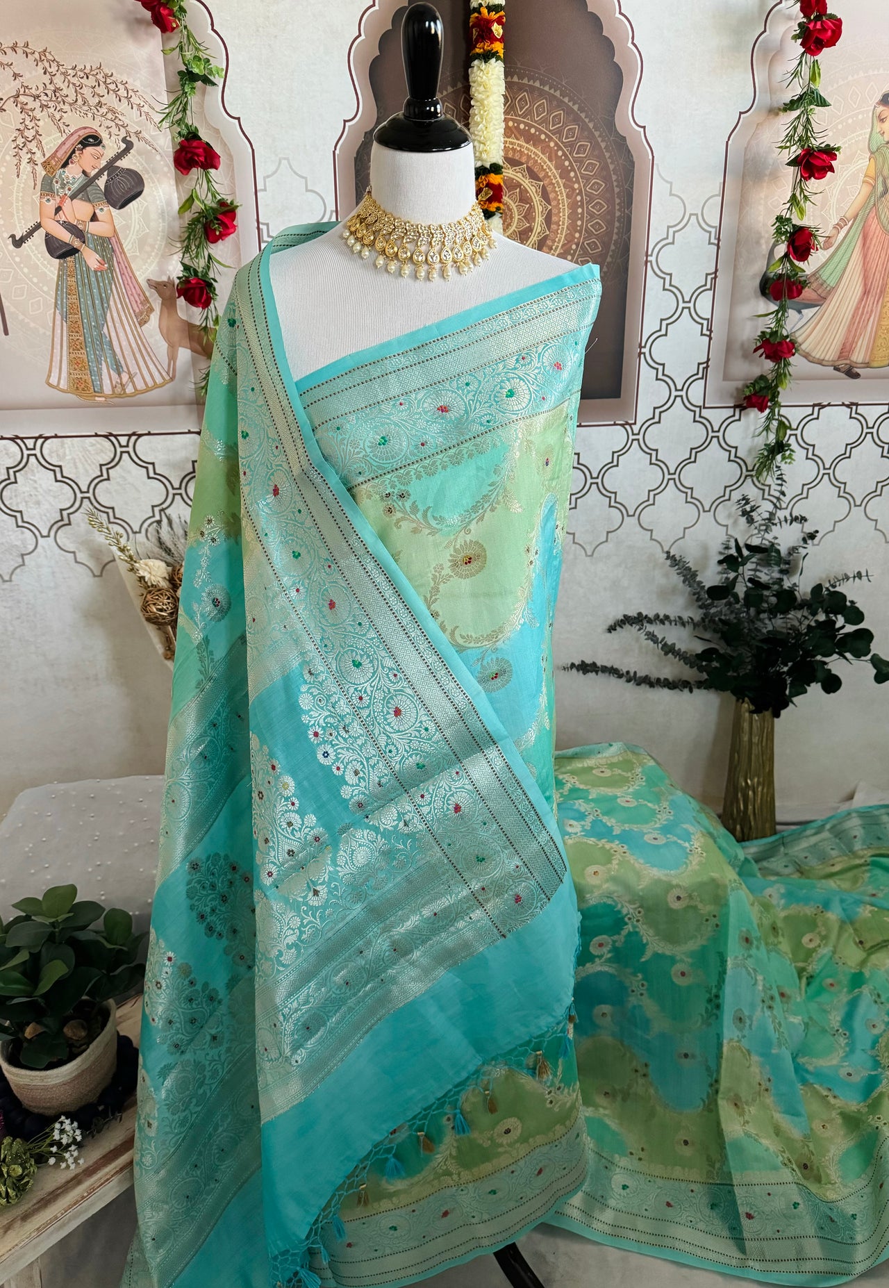 Rangkat Cotton Silk Meenakari Saree from Banaras | Hand Painted | Handwoven | Sky Blue & Green | Gold Zari | Ships from California