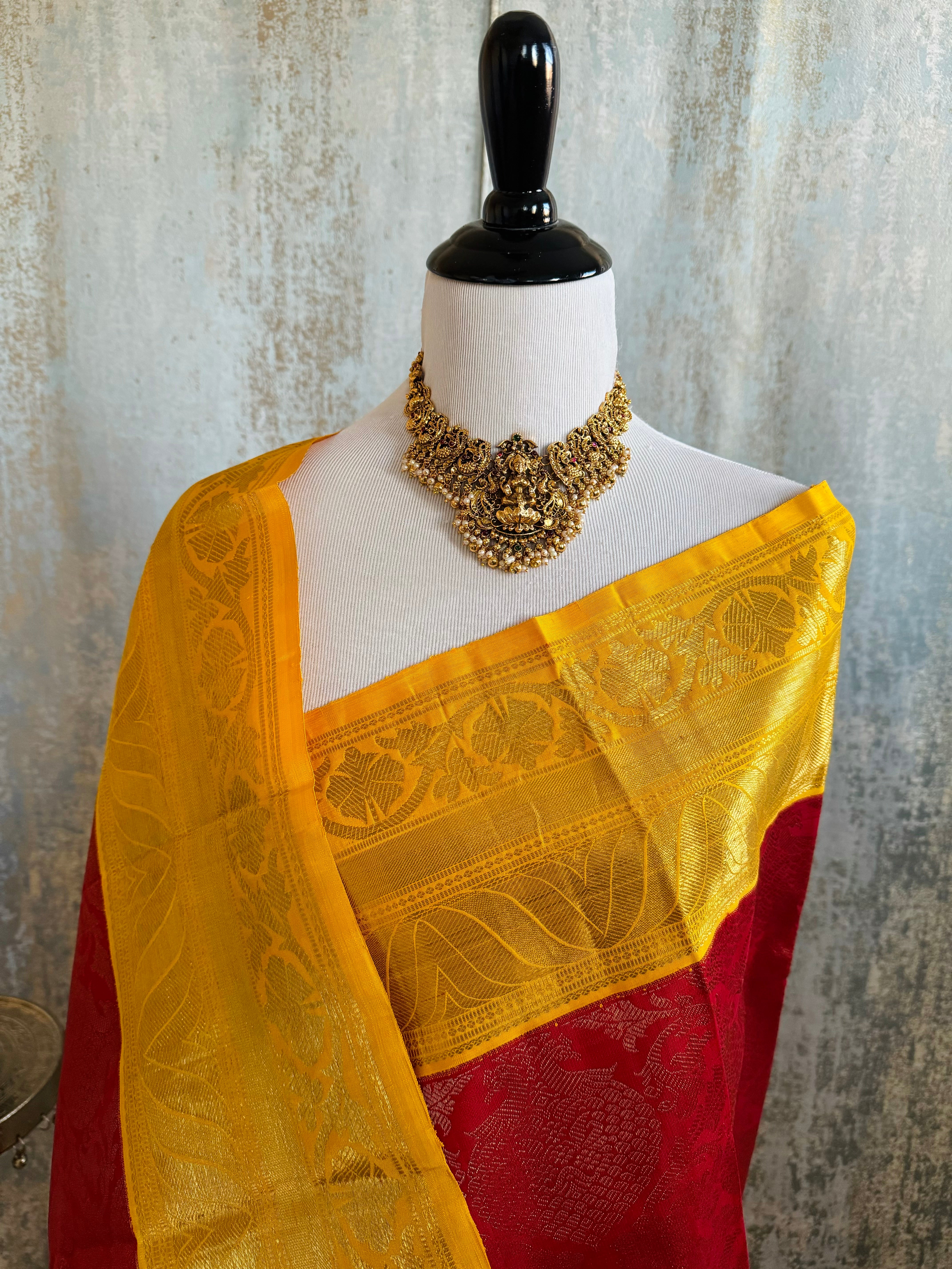 Exclusive Kanchivaram Brocade Korvai Pure Silk Pure Zari Silk Saree | Red & Yellow | Gold Zari | Handwoven | Ships from California