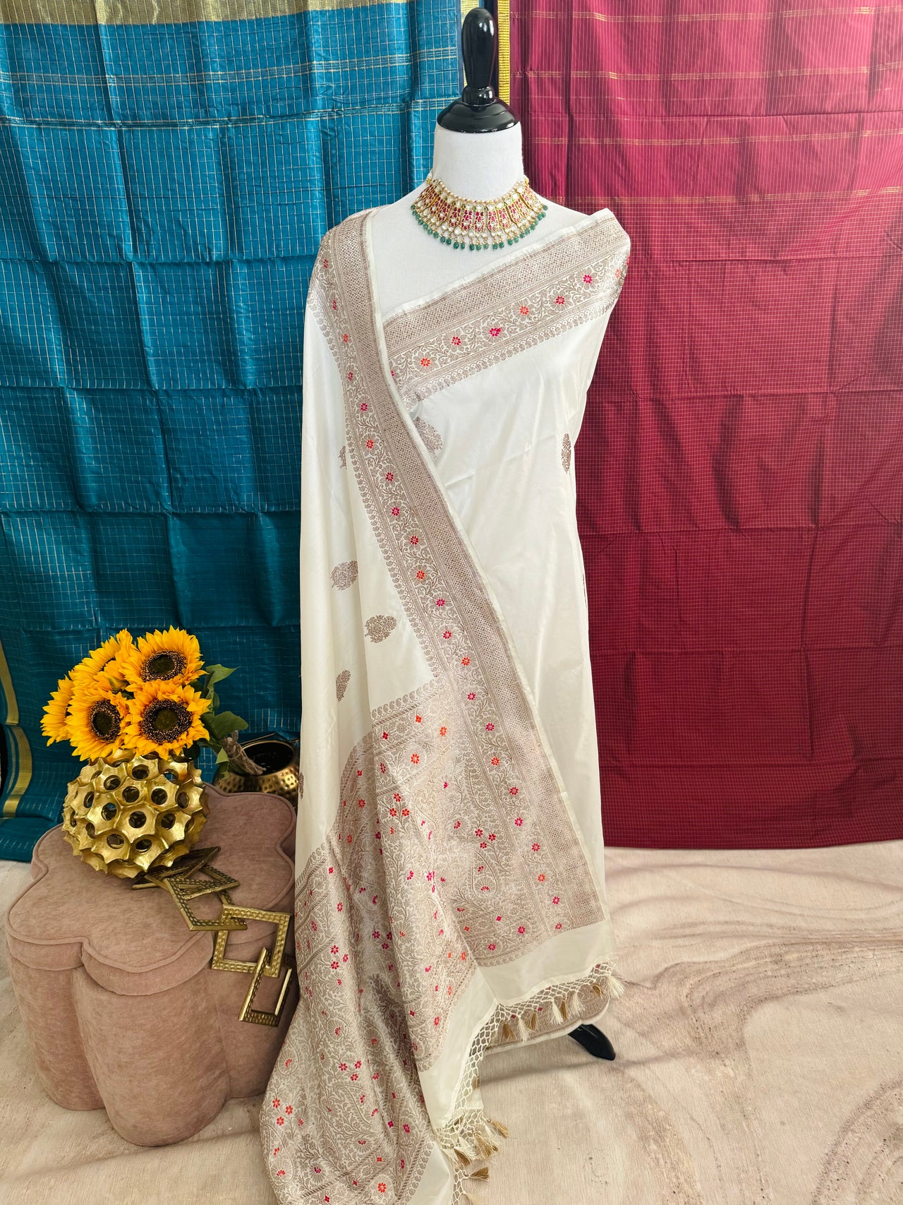 Banarasi Katan Silk Meenakari Saree | Off White | Antique  Zari | Handwoven |  Silk Mark Certified | Ships from California