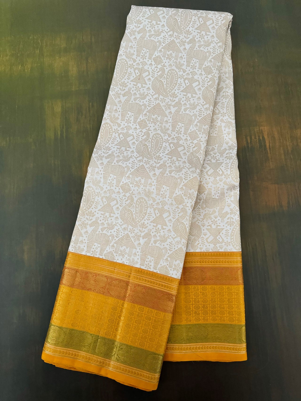 Exclusive Tribal Art Kanchivaram Korvai Pure Silk Pure Zari Silk Saree | Warli Inspired | Off-White | Handwoven | Ships from California