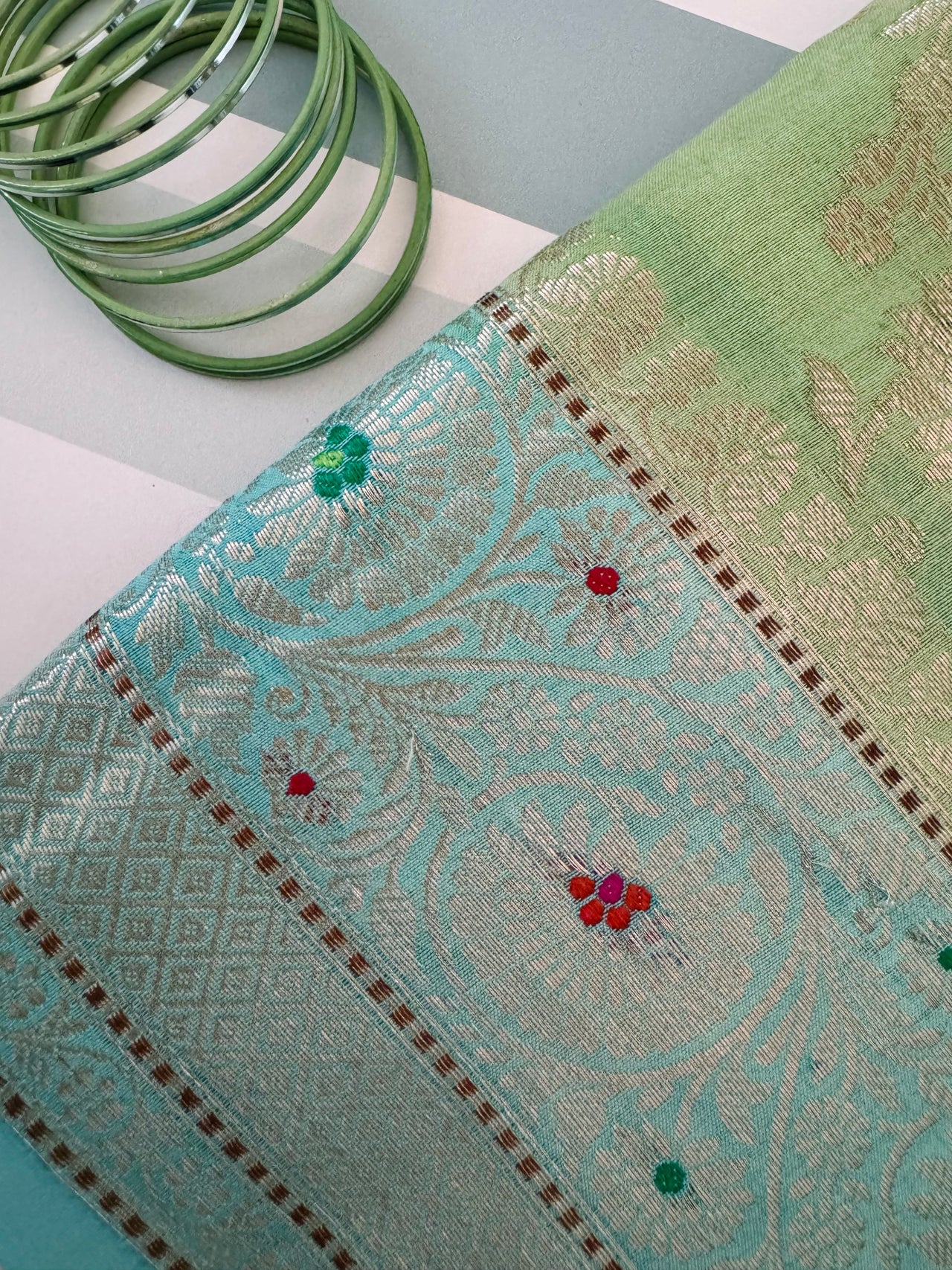 Rangkat Cotton Silk Meenakari Saree from Banaras | Hand Painted | Handwoven | Sky Blue & Green | Gold Zari | Ships from California