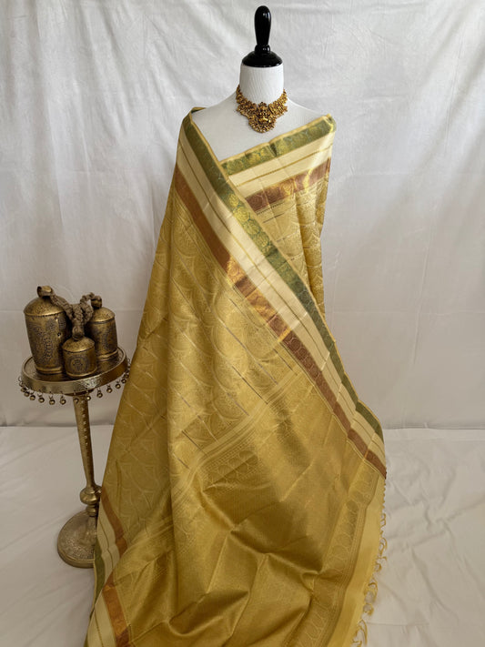Exclusive Kanchivaram Designer Pure Silk Pure Zari Silk Saree | Beige & Gold | Handwoven | Ships from California